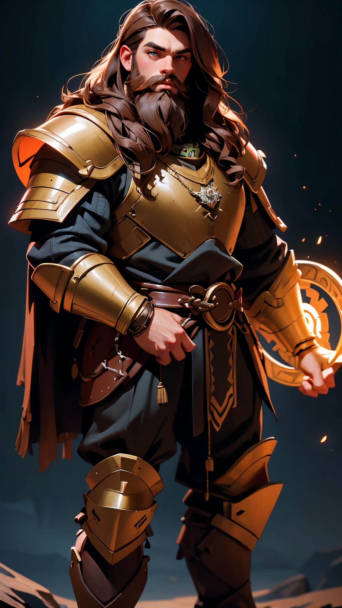 envision a 8k, highres, cinematic, detailed, semi realistic full body pinup of a handsome young dwarf, with long brown hair, a large beard, dwarven armor, in dark lighting, against a dark background