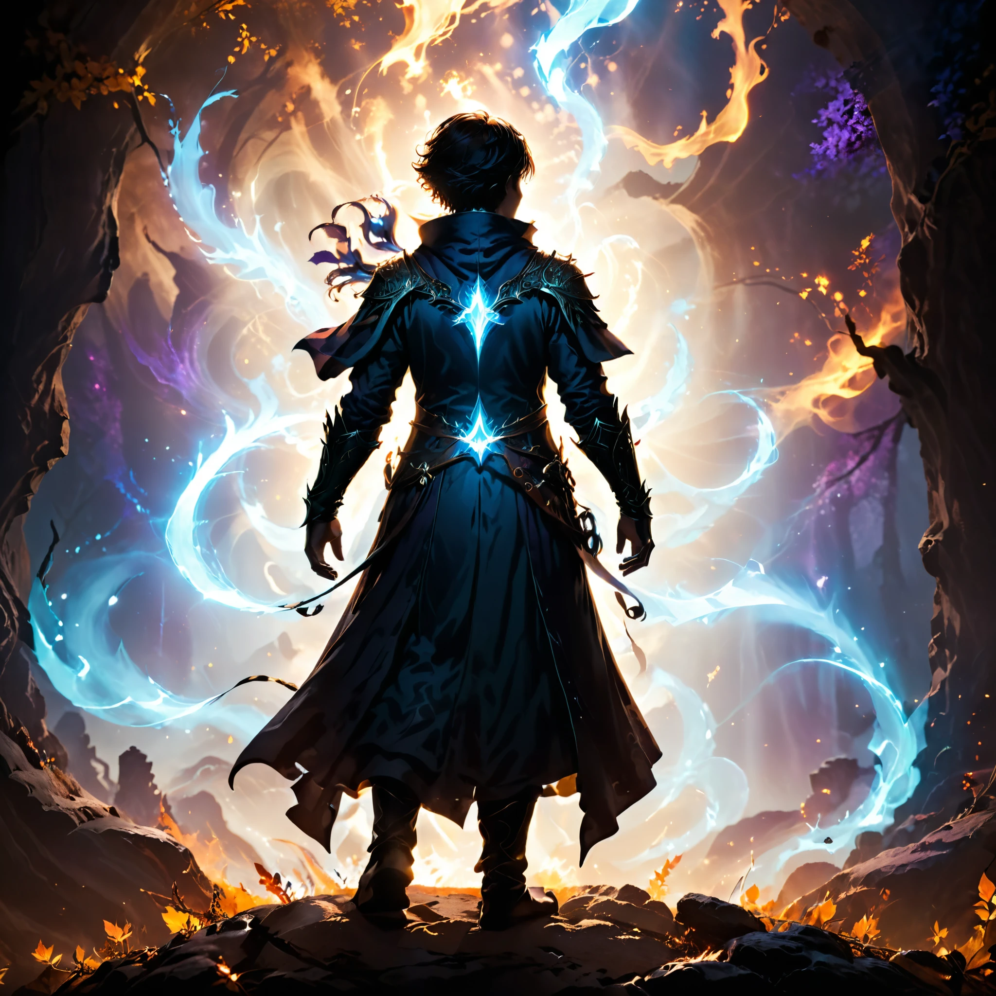 (backlit), a mage silhouette, perfect anatomy, standing, glowing magic spell, cinematic lighting, 8k, ultra-detailed, photo, harmonious colors, masterpiece, perfect proportion, hand