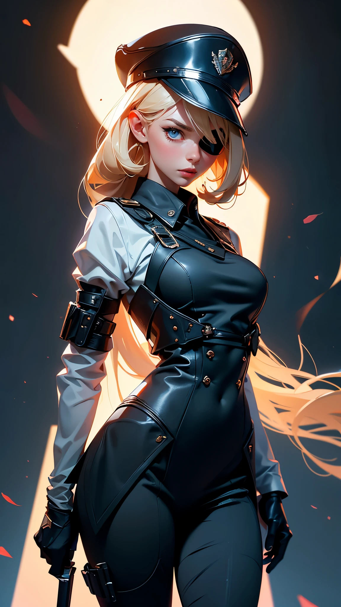 envision a 8k, highres, cinematic, beautiful semi realistic full body Pinup of a sexy older mature lady with a slender body, strong face, straight blonde hair, long bangs, blue eye, Nikke Guillotine, eyepatch, Military Dress, General Hat, Metal Collar, Riot Gear, Police Vest, pale skin, ((((1girl)))), in dark lighting, against a dark gray background