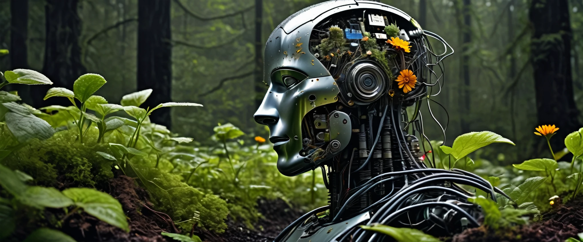 photo of a decayed male robot 45 degrees side view, with the top half of his head cut off, no brain, instead filled with wires, circuits, short plants and flowers, half of body is melted into the ground, eyes closed, wet with rain, masterpiece, high res, intricate, professional, photorealistic, dark forest background