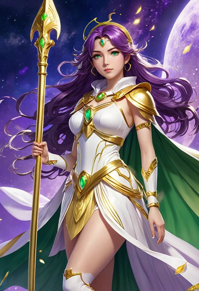 a woman in a white dress holding a golden spear, Anime goddess, girl of the zodiac knights, portrait girl of the zodiac knights, greek goddess athena, Venus goddess Athena, also known as artemis, o selene, Anime princess, the galaxy sailor. comely, full body white purple cloak, vtuber anime full body model, purple eyes and green and yellow dress