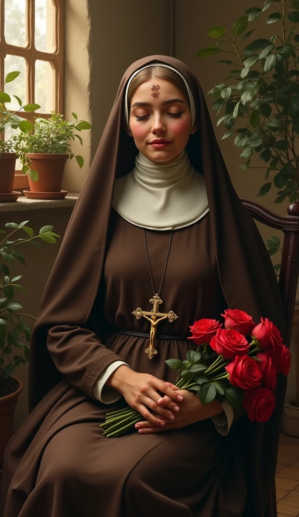 Generates an image of Saint Therese, dressed in a brown habit, black veil, a light yellow cloak over the habit, a religious nun, holding a bouquet of roses and a crucifix. she is portrayed with a contemplative expression, reflecting his deep spirituality and communion with God, she has on average 24