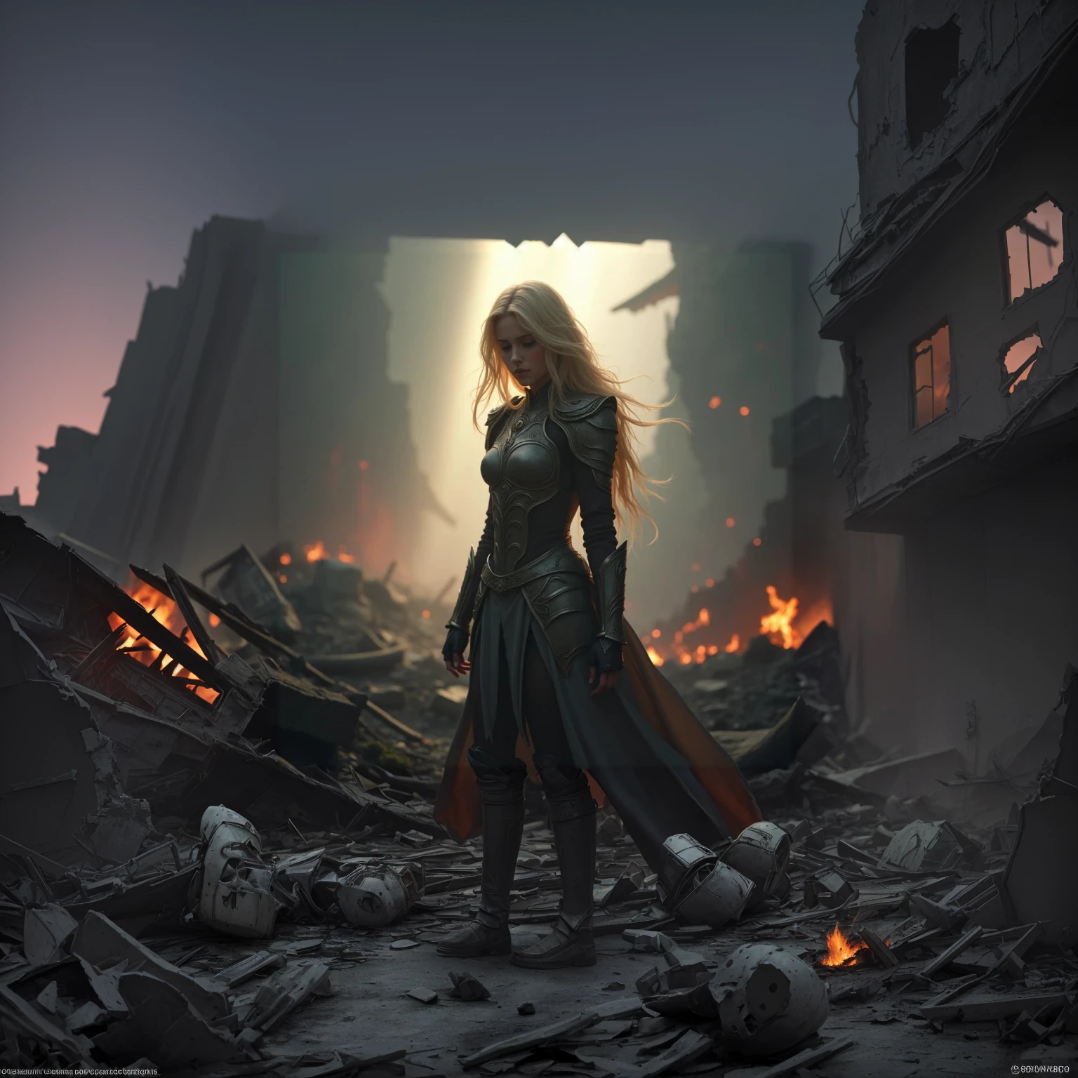 A (MARGOT ROBBIE super sayajin 4) standing on a street of a destroyed city, ki around the body and rays coming out, fire, dust everywhere, destruction, epic image in best possible resolution, 8k, very realistic, depth of field, a work of art, anime style