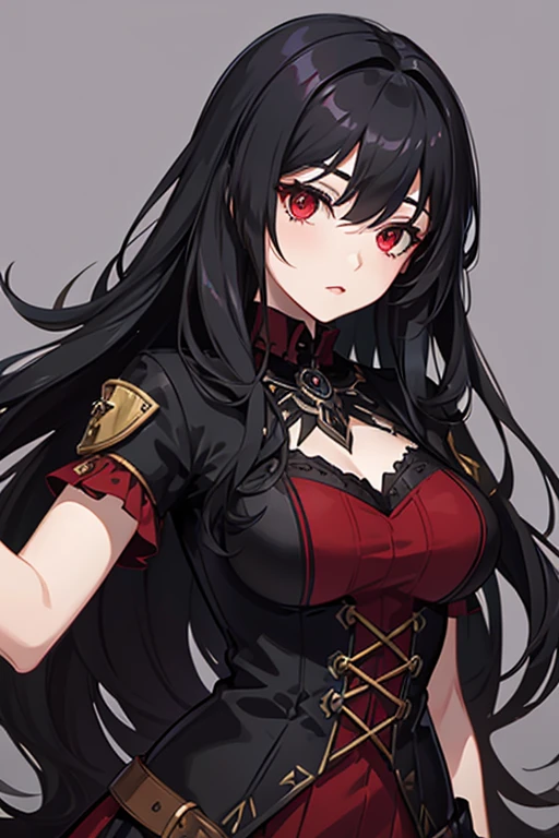 Make her have black hair, red eyes and a black dress. 