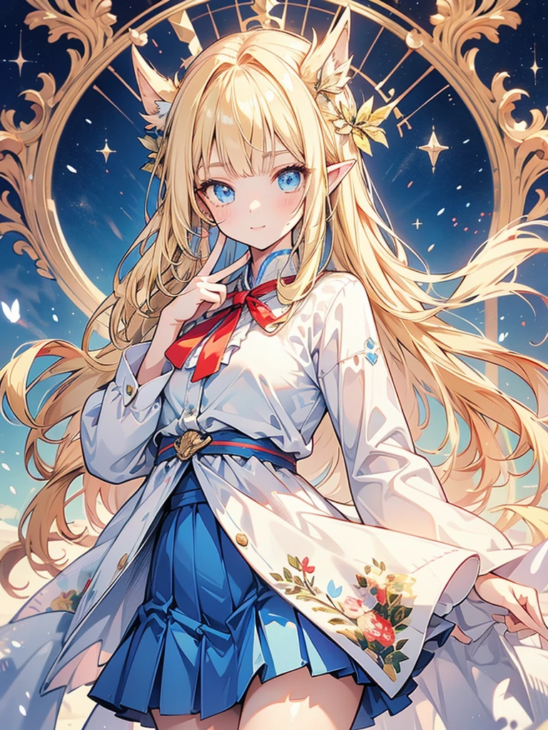 masterpiece, Highest quality, One girl, Super detailed, Ultra-high resolution, Distinct facial features, Anatomically correct, pretty girl, Long pointy ears, Fairy, Nice face,Blonde, blue eyes,Red blouse, Blue Skirt,peace sign,