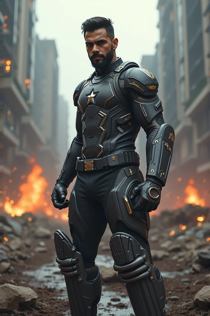Captain America Marvel's universe first Avenger superhero cyborg glossy black and golden suit with black golden shield muscler body with helmet cyberpunk futuristic costume background
