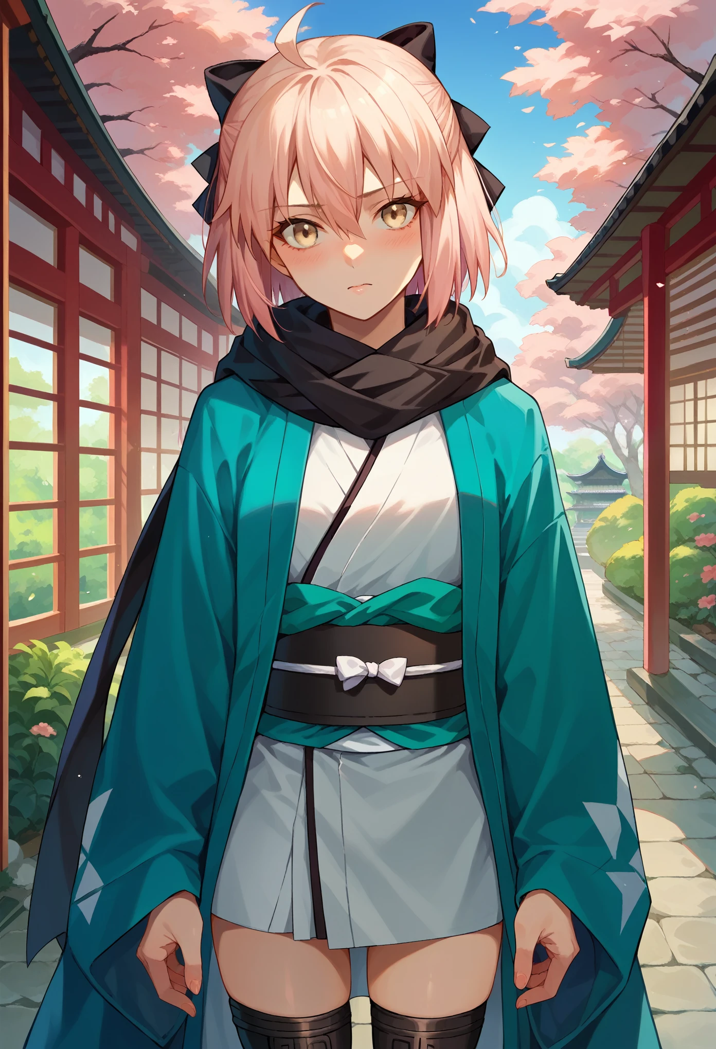 score_9, score_8_up, score_7_up, 1girl, okita souji, ahoge,pink hair, hair between eyes, hair bow, short hair, yellow eyes, black scarf, black bow, japanese clothes, kimono, sash, scarf, black thighhighs, blushing, cowboy shot, looking at you, japanese garden