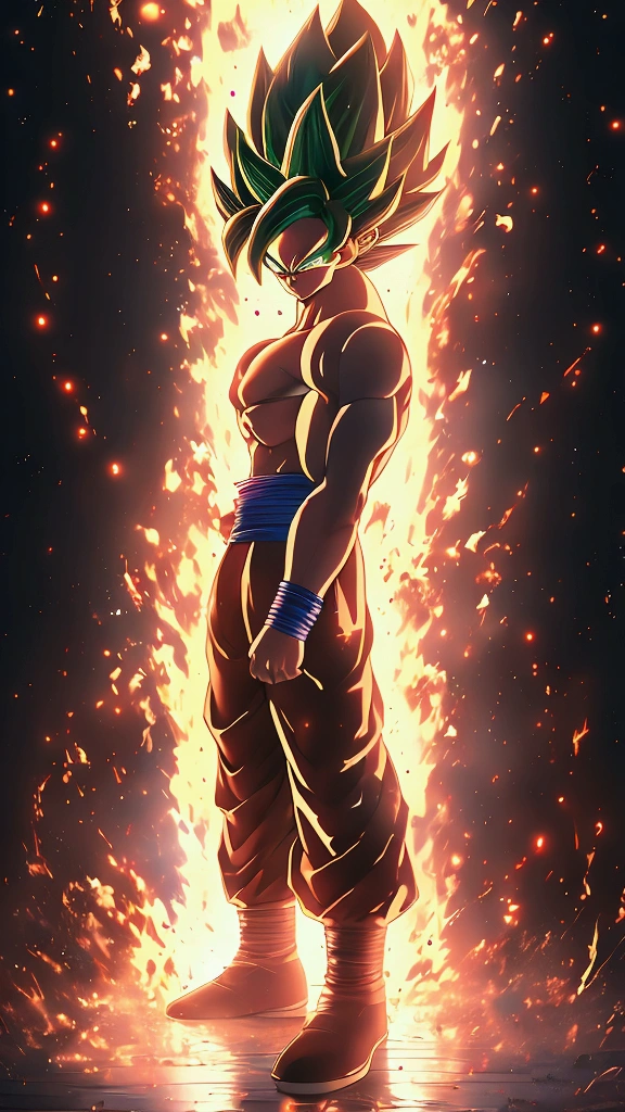 a muscular super saiyan 3 character from dragon ball super, full body illustration, soft lighting, soft details, oil painting on canvas, octane render, HDR, trending on artstation, 4k, 8k, HD, super strong, perfect abs, colored, yellow hair, green eyes, anime style, digital art, hyperdetailed, op art, soft lighting, yellow eyebrows, hair lengthened by 300 cm, lightning wrapped around him, topless, like gotenx-ss3-smf