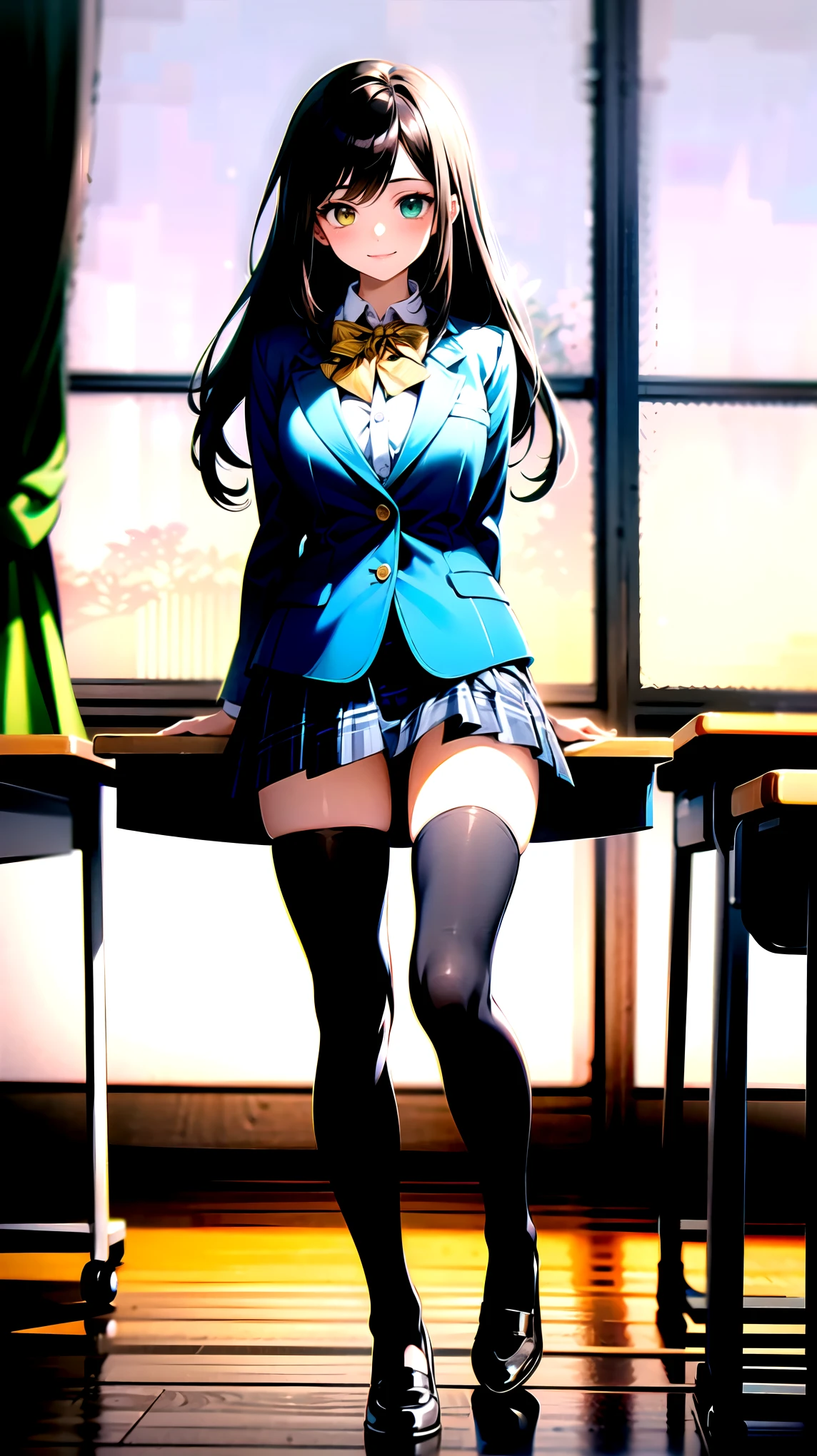 （（super high quality,））（（Ultra-high resolution,））（16K,）（super masterpiece,）（（Ultra HD ,））（Detailed shading,）One high school girl,Blue-green blazer,White dress shirt,The second button is open,（（Yellow striped bow tie,））Brown plaid mini skirt,The skirt rolls up a lot,Black long tights,Straight black long hair,Side-swept bangs,（（Orange and green heterochromia,））Sharp Eyes,smile,A classroom illuminated by the setting sun,Water rising from under your feet,