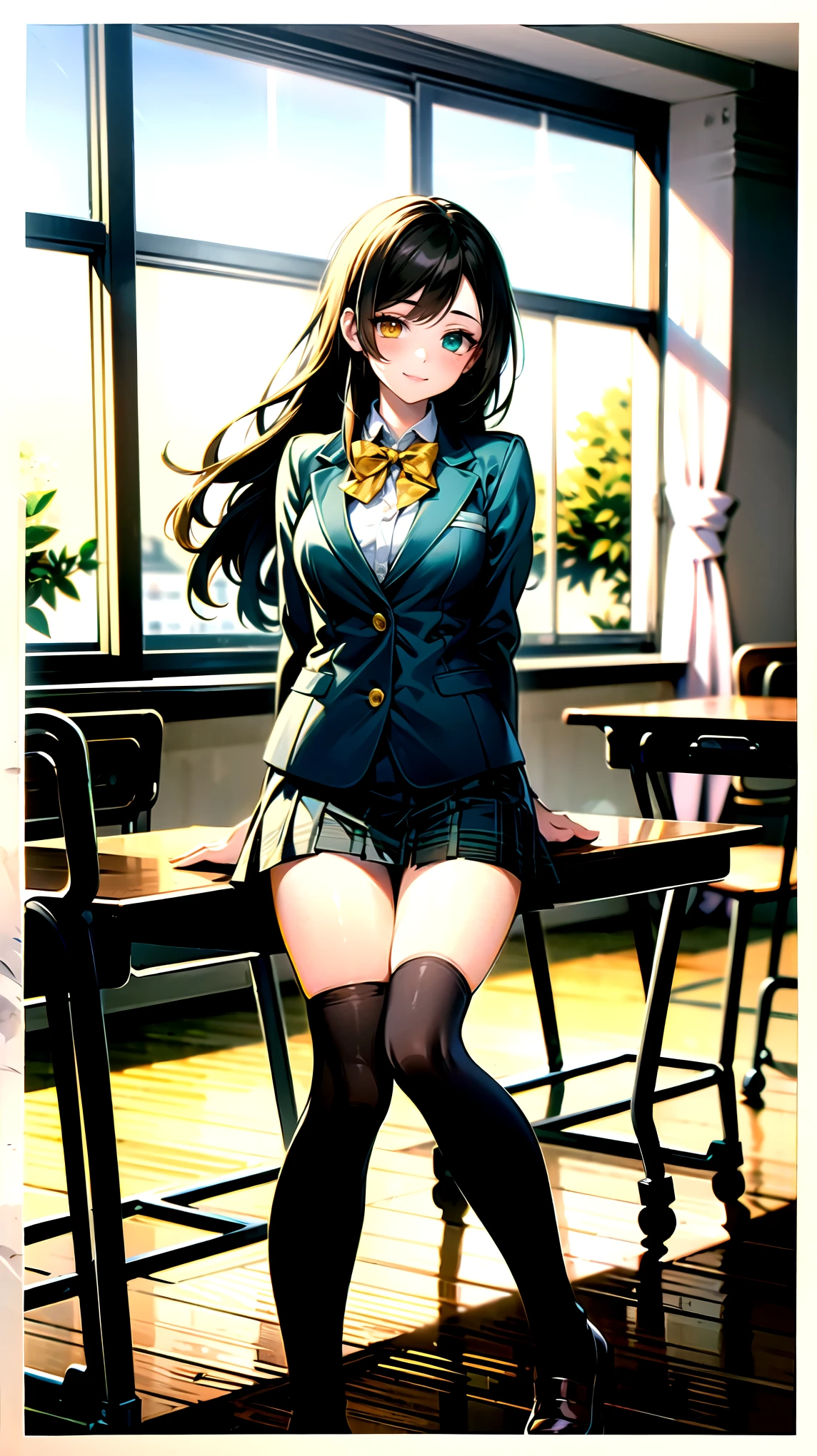 （（super high quality,））（（Ultra-high resolution,））（16K,）（super masterpiece,）（（Ultra HD ,））（Detailed shading,）One high school girl,Blue-green blazer,White dress shirt,The second button is open,（（Yellow striped bow tie,））Brown plaid mini skirt,The skirt rolls up a lot,Black long tights,Straight black long hair,Side-swept bangs,（（Orange and green heterochromia,））Sharp Eyes,smile,A classroom illuminated by the setting sun,Water rising from under your feet,