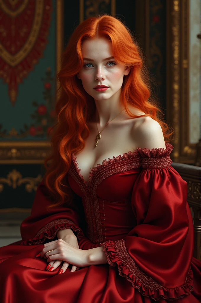 Beautiful, Elegant Historical Nobel Lady,Dark red hair,bright yellow eye,Long hair, Seductive dress , sitting on a royal bed ,Savage facial expression,fair skin, having a jewellery box in her hand