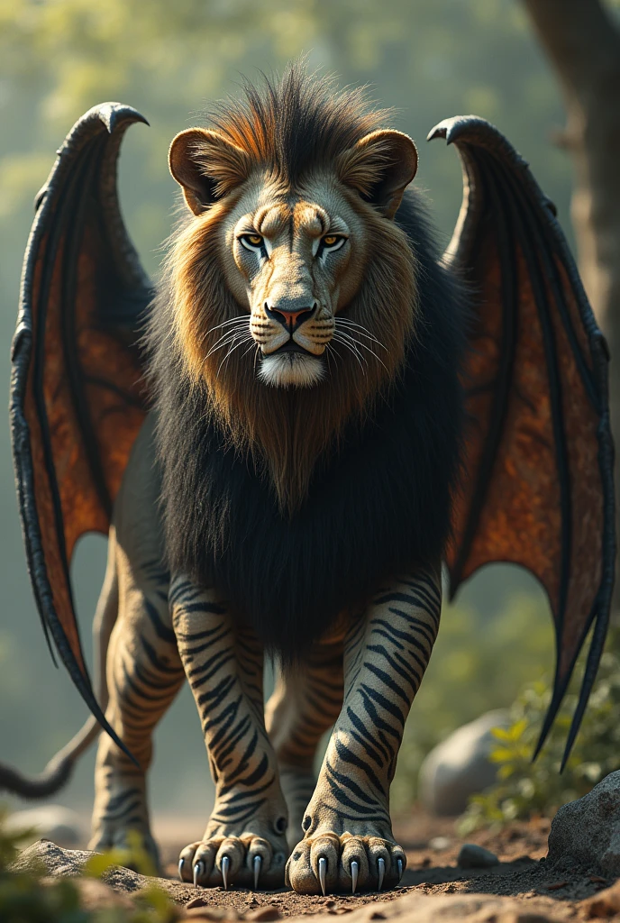A white cat with blue eyes with a panther body and black wings, On his paws there are dragon claws and on his head there is lion fur