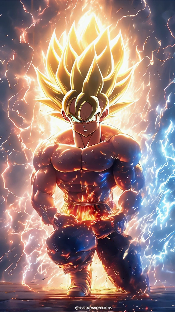 a muscular super saiyan 3 character from dragon ball super, full body illustration, soft lighting, soft details, oil painting on canvas, octane render, HDR, trending on artstation, 4k, 8k, HD, super strong, perfect abs, colored, yellow hair, green eyes, anime style, digital art, hyperdetailed, op art, soft lighting, yellow eyebrows, hair lengthened by 300 cm, lightning wrapped around him, topless, like gotenx-ss3-smf