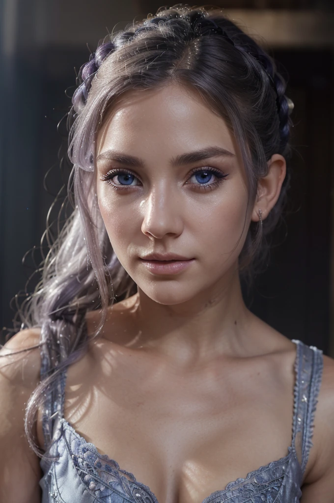 A girl with long blue hair. Her face is exquisite, with high cheekbones and smooth fair skin. Her large black eyes, framed by long thick eyelashes, are impressive and expressive, radiating calmness and confidence. Well-defined eyebrows curve gracefully above her eyes, adding intensity to her gaze. She has a small, straight nose and full, slightly parted lips that curve into a slight smile, revealing hints of mischief and allure. Her sharp, well-defined jawline gives her face a refined and elegant appearance. Pink halo, white robe dissolving into pink smoke, pink glow inside hood, no face, pink ribbons spreading out from behind, flying in sky, sunset storm background
