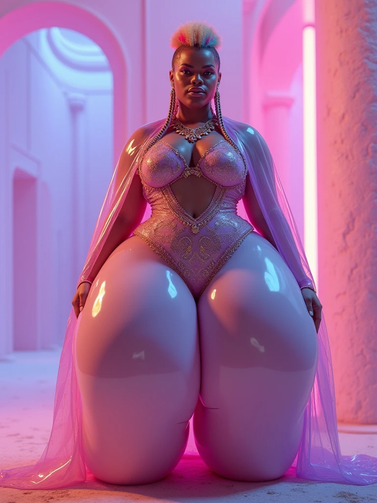 Elaborate CG artwork, (best qualtiy, exquisite detailing, absolute masterpiece), (Head to Toe Image)), ((Full body image)), (Back view), (frombelow), (plus size model)), (chubby), (Beautiful mature woman with mahogany black skin、Wearing too small tight panties and high-heeled knee-high boots, Soio), (mahogany colored dark skin))), (Light silver hair))), (Medium wavy hair), Detailed beautiful mature face, very detailed beautiful face and eyes, (detailed seductive and sharp eyes), (plump shiny purple lips)), (Purple Eye Shadow), blush, (sadistic seductive smile), (Curvaceous), ( unbelievably huge curvaceous hips), (very huge sensual ass), (ridiculously massive thick thighs), (very shiny uniform), (glittery skin), (wet oily skin), Fingernail Art, Jewelry, Bracelets