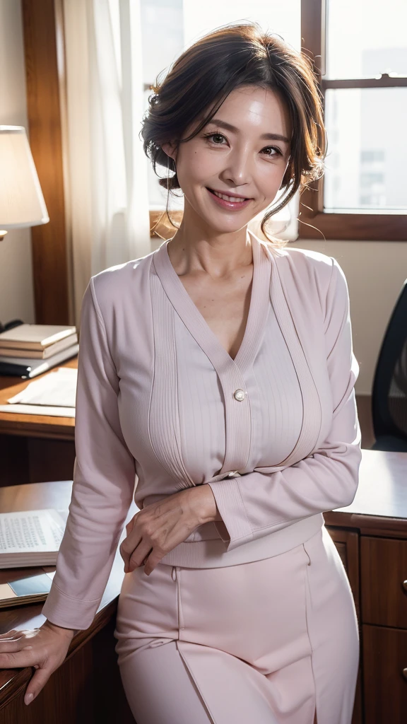 Masterpiece, highest quality, photo quality, 4K high resolution, beautiful Japanese office lady, sexy office lady, cute smile, full body photo of office lady, perfect lighting, lighting that shows off mature woman, woman in blouse, wearing buttoned blouse, (((buttons on blouse are undone))), (((bra is visible on blouse))), ((bra)), ((sexy chest)), (((wearing cardigan over blouse, all buttons on cardigan are undone))), chest that excites men sexually, wearing cotton tight skirt, ((thighs are visible, beautiful thighs, thighs are extending from under skirt)), woman has beautiful legs, thighs that excite men sexually, beautiful thighs, woman leaning against wall, photo from knees up, smiling, round face, updo, bangs, droopy eyes, kind eyes,