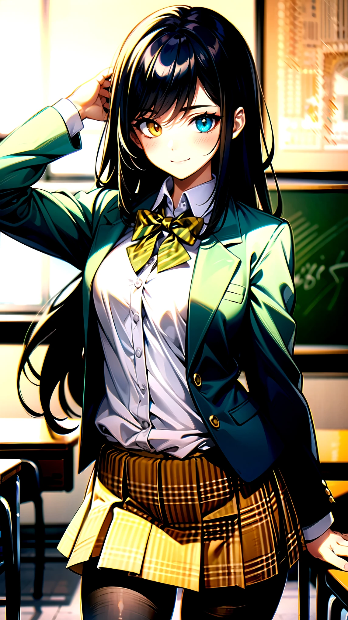 （（super high quality,））（（Ultra-high resolution,））（16K,）（super masterpiece,）（（Ultra HD ,））（Detailed shading,）One mature high school girl,Blue-green blazer,White dress shirt,The second button is open,（（Yellow striped bow tie,））Brown plaid mini skirt,Skirt lifted up,Black long tights,Straight black long hair,Disheveled Hair,Side-swept bangs,（（Orange and green heterochromia,））Sharp Eyes,smile,A classroom illuminated by the setting sun,