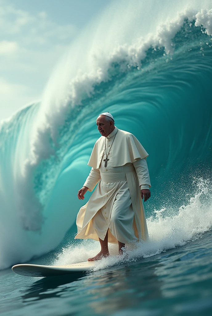 Close up of The pope Francis surfing a big wave. <lora:d\EnvyActionShotXL01:0.5> action shot