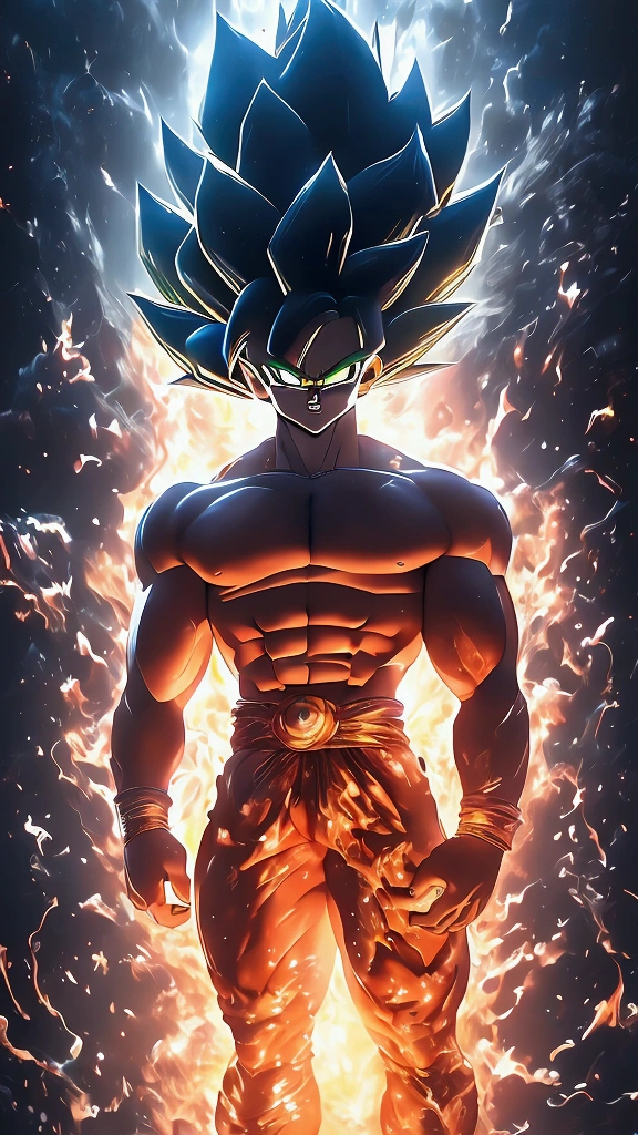 a muscular super saiyan 3 character from dragon ball super, full body illustration, soft lighting, soft details, oil painting on canvas, octane render, HDR, trending on artstation, 4k, 8k, HD, super strong, perfect abs, colored, yellow hair, green eyes, anime style, digital art, hyperdetailed, op art, soft lighting, yellow eyebrows, hair lengthened by 300 cm, lightning wrapped around him, topless, like gotenx-ss3-smf,Masterpiece, Super Detailed, Textured Skin, Award Winning, Accurate, Best Quality, Very Long Hair, Hair Over Shoulder, 