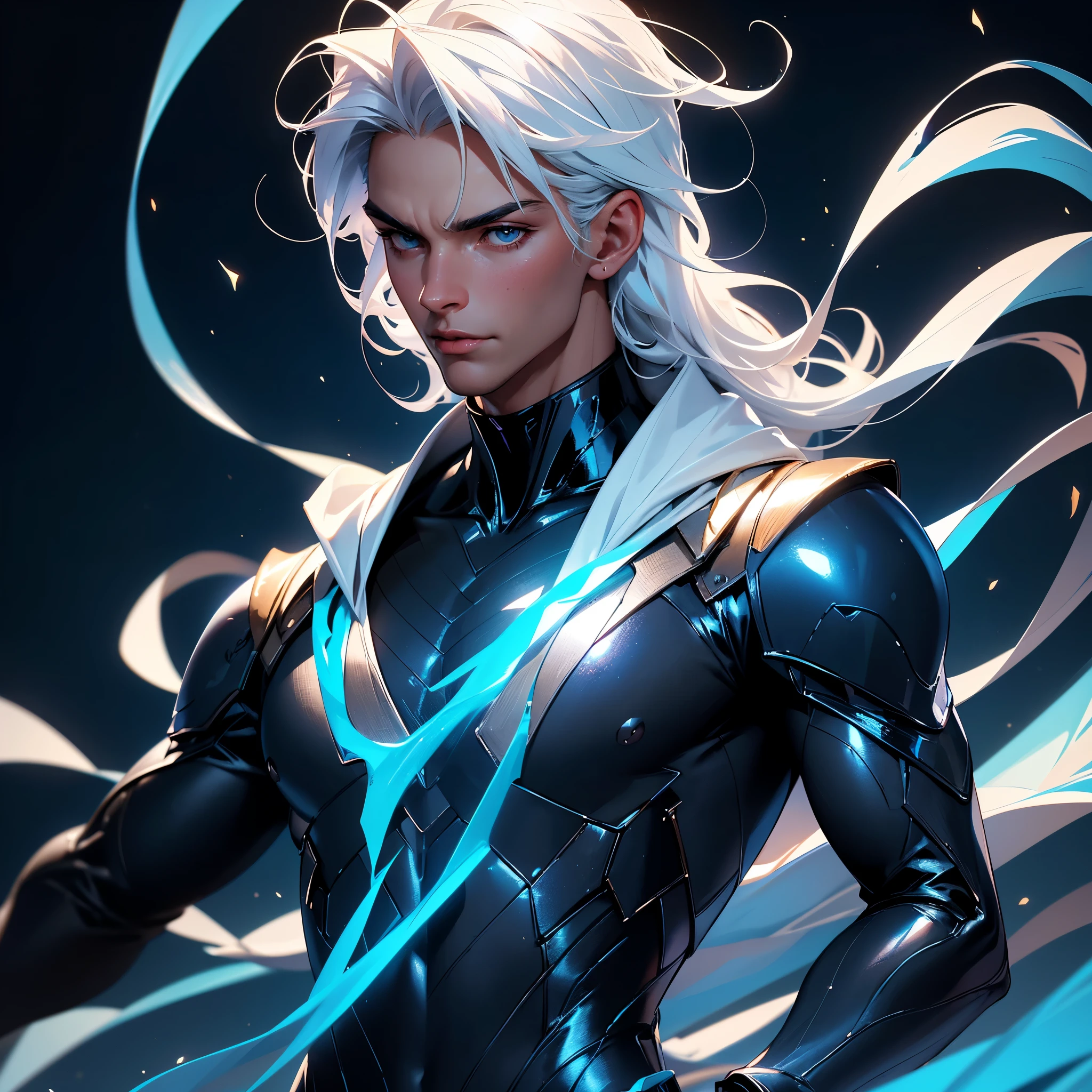 masterpiece, highest quality, (solo), (perfect face:1.1), (high detail:1.1),dramatic, 1guy, (pale skin), long blonde hair, neon blue eyes, androgynous man, (solo), gothic, moon, night, holographic luxury suit, covered navel, pouty lips, curvy guy, perfectly drawn face, futuristic city, detailed background, art by artgerm and greg rutkowski, cinematic lighting, roses, fashion, balenciaga, Alexander McQueen, glitter