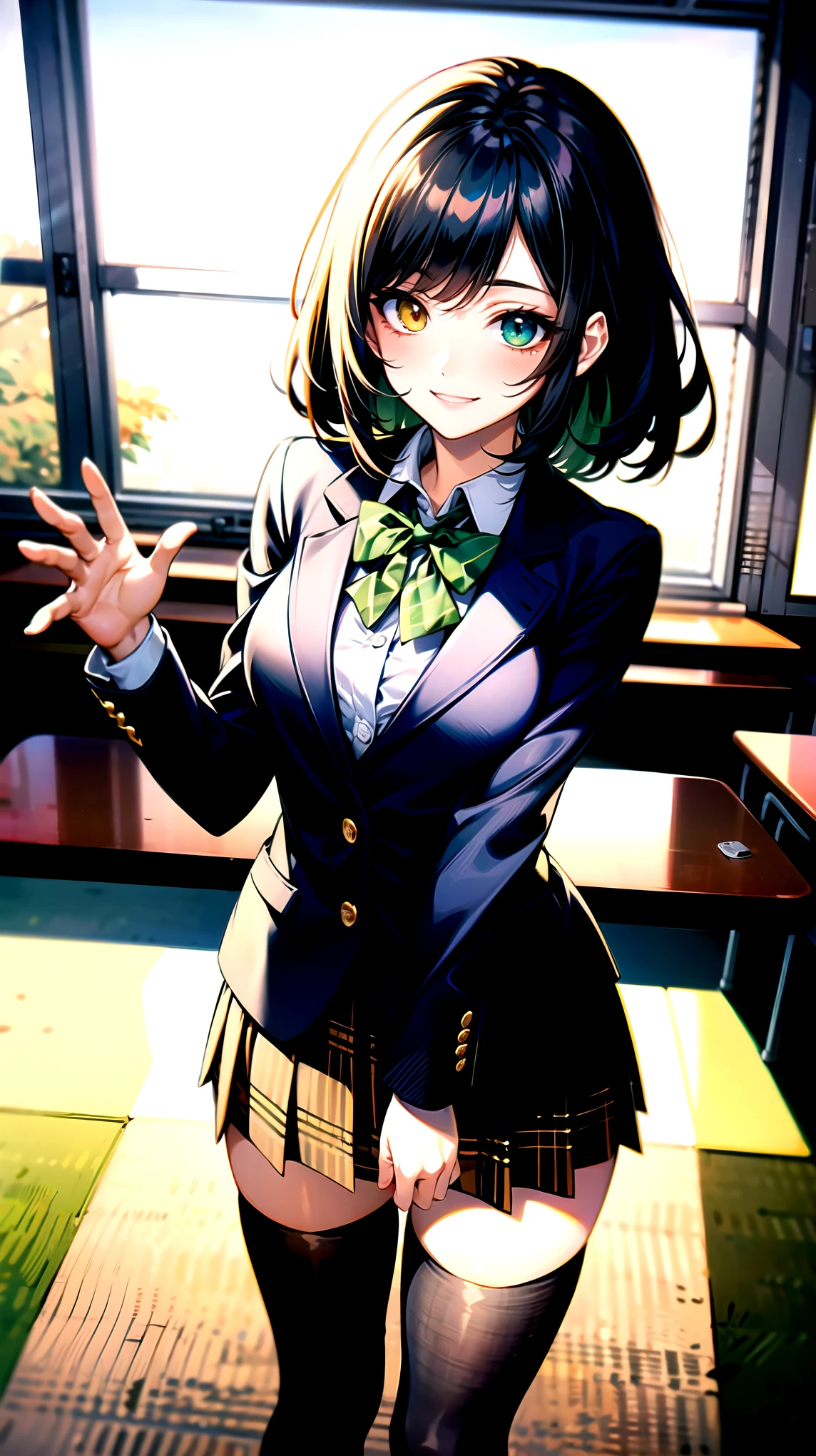 （（super high quality,））（（Ultra-high resolution,））（16K,）（super masterpiece,）（（Ultra HD ,））（Detailed shading,）One mature high school girl,Blue-green blazer,White dress shirt,The second button is open,（（Yellow striped bow tie,））Brown plaid mini skirt,Black long tights,Long, straight, messy black hair,Side-swept bangs,（（Orange and green heterochromia,））Sharp Eyes,smile,A classroom illuminated by the setting sun,