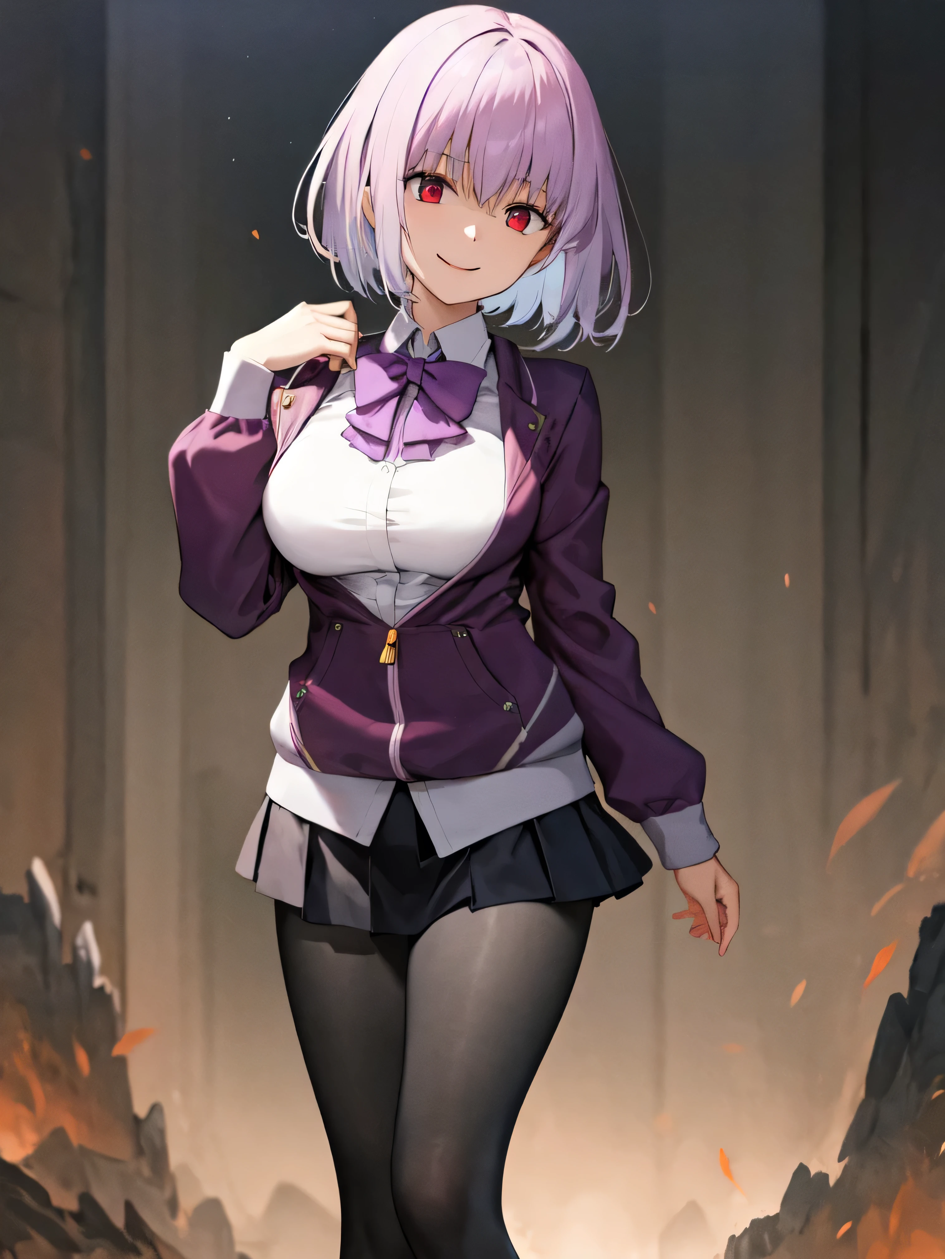 male, short hair, Red eyes, Large Breasts, Purple bow tie, Collared shirt, White shirt, Purple Jacket, Partially defrosted, Long sleeve, Sleeves are longer than the wrist, Pleated skirt, Black Skirt, pantyhose, smile, Waist clothes, night, dark, room, Shine, Backlight, Open your mouth, Leaning forward, , View your viewers, Hollow Eyes, masterpiece, Highest quality, High resolution, Nice hands, Perfect hands, Cowboy Shot,Too evil smile,smile the worst,Looking down at the viewer,Smile at its worst,Devilish Laugh,Dark shadowed face,Smile face,big monster ,Dark purple background,both hands,Five Fingers,Two legs,, Dark shadowed face,A sadistic smile,Malice,Contempt,smile,both hands,Two legs,Five Fingers,solo,Decorated with skulls. background, A mountain of skulls beneath,Standing on the rubble,Burning cityscape,