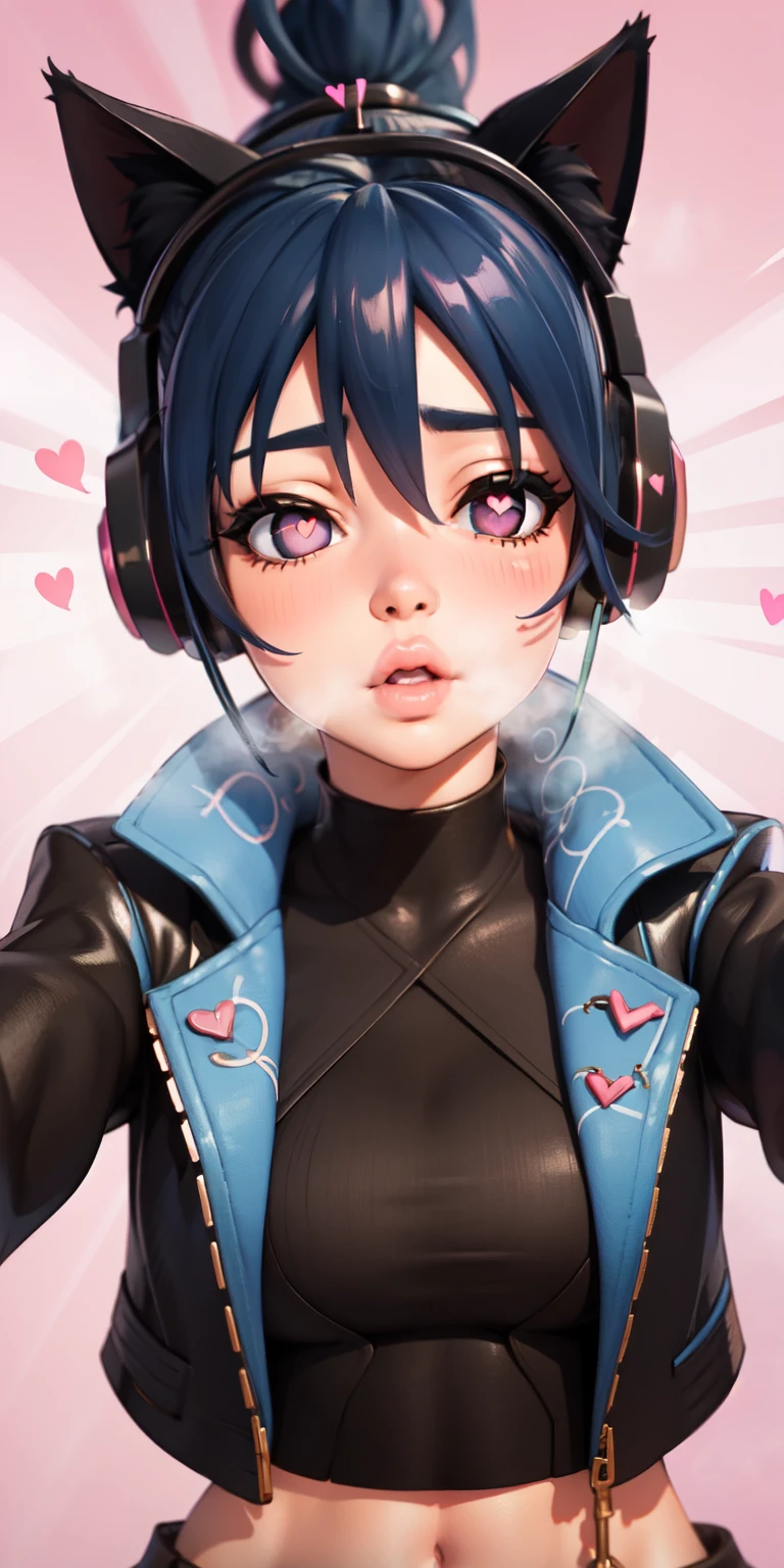 1girl,heart-shaped pupils,heart-shaped_pupils,blue hair, ponytail, short hair, pink eyes, eyeshadow, (blush:1.1),upper body, outstretched arms,heart,(speed lines:1.1),medium breasts, ((heavy breathing:1.3)), love, heart, black jacket, jacket crop top, cat ears headphones, black crop top, purple lips, pov, kiss, peck lips, round lips