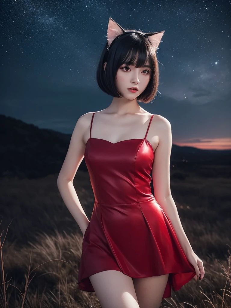 Delicate and dainty young woman with shiny bob-cut black hair and cat ears. She is wearing red only  mini-skirt one-piece dress. The background is a fantastic and ethereal night sky that seems to be haunted by a specter. Her expression is stern and atmospheric. Angle from directly below, 16 years old