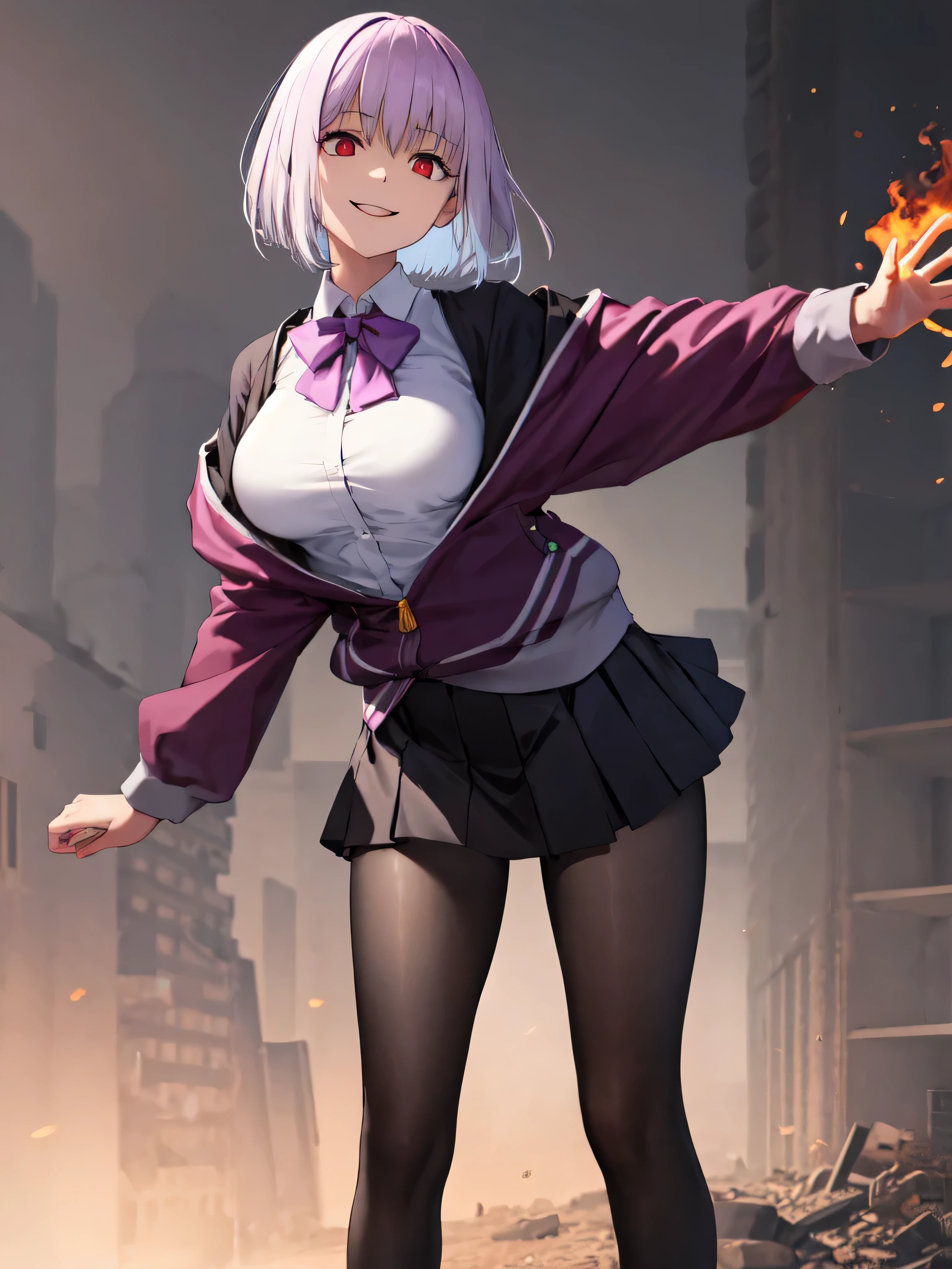 male, short hair, Red eyes, Large Breasts, Purple bow tie, Collared shirt, White shirt, Purple Jacket, Partially defrosted, Long sleeve, Sleeves are longer than the wrist, Pleated skirt, Black Skirt, pantyhose, smile, Waist clothes, night, dark, room, Shine, Backlight, Open your mouth, Leaning forward, , View your viewers, Hollow Eyes, masterpiece, Highest quality, High resolution, Nice hands, Perfect hands, Cowboy Shot,Too evil smile,smile the worst,Looking down at the viewer,Smile at its worst,Devilish Laugh,Dark shadowed face,Smile face,big monster ,Dark purple background,both hands,Five Fingers,Two legs,, Dark shadowed face,A sadistic smile,Malice,Contempt,smile,both hands,Two legs,Five Fingers,solo,Decorated with skulls. background, A mountain of skulls beneath,Standing on the rubble,Burning cityscape,