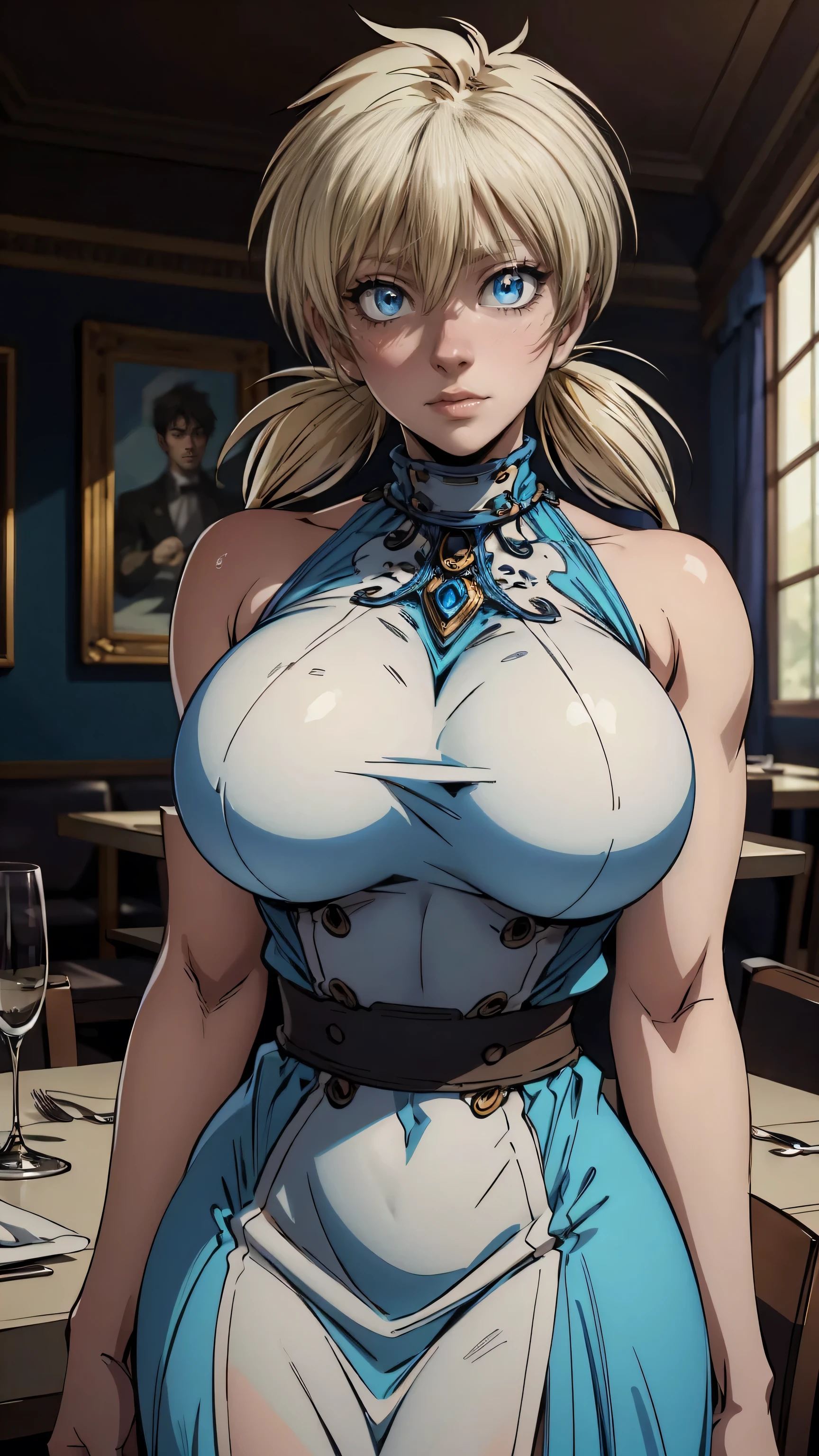 Anime style, Painting, absurderes、perfect anatomia、Lucy、wearing blue luxury gown ,, restaurant scene, Masterpiece, RAW Photography, 8k, Top Quality, Fine Pore, Photorealistic, Ultra Detailed, (high skin detail:1.2),Extremely detailed,Intricate, sharp-focus, seras, Detailed face, Detailed eyes, perfect face, perfect eyes, breasts, huge breasts,  twintails 