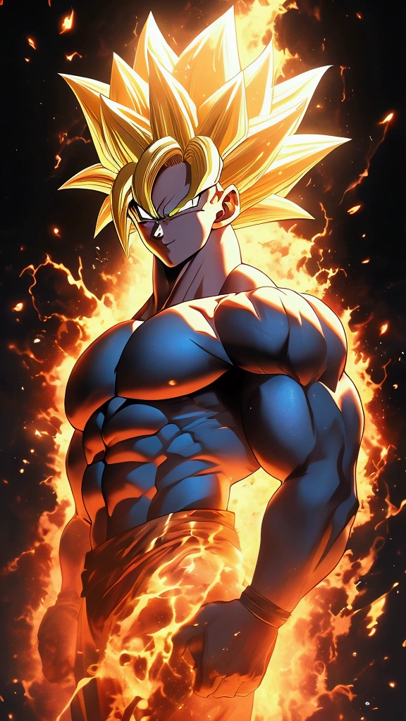 muscular super saiyan 3 character from dragon ball super, full body illustration, oil painting on canvas, octane render, HDR, trending on artstation, 4k, 8k, HD, super strong, perfect abs, colored, yellow hair, green eyes, anime style, digital art, hyperdetailed, op art, soft lighting, yellow eyebrows, hair lengthened by 300 cm, lightning wrapped around him, topless, Masterpiece, Super Detailed, Textured Skin, Award Winning, Accurate, Best Quality, Very Long Hair, Hair Over Shoulder, yellow lightning hair