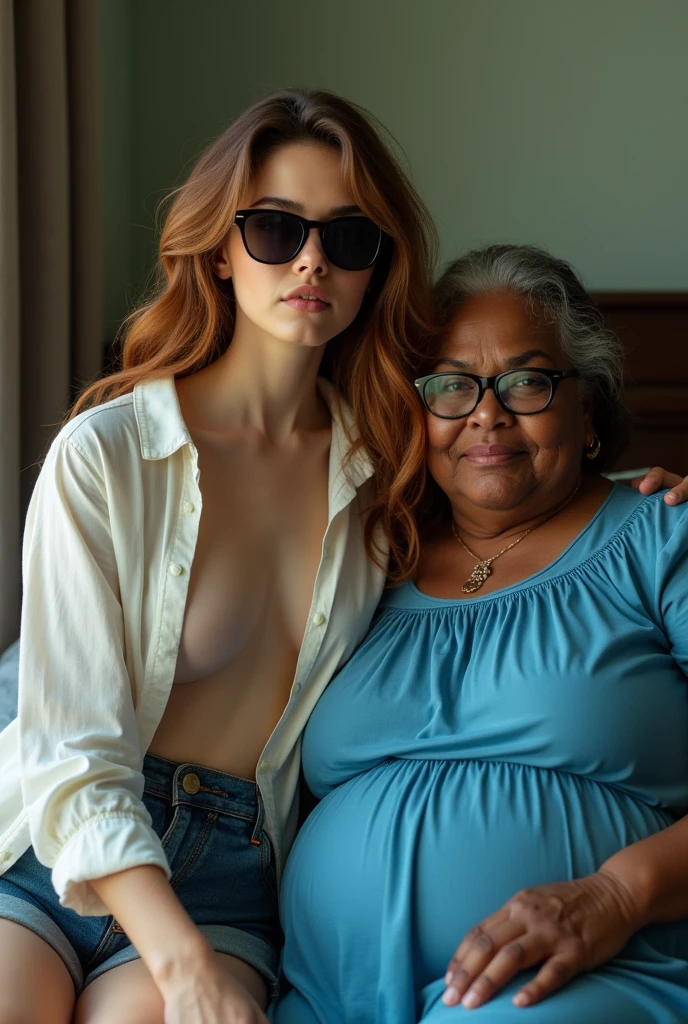 Create a realistic image of a young woman, with a slender body, com 25 anos de idade, white-skinned, long hair and natural red, who is completely naked, is sitting on the lap of a 90 year old elderly lady, obese, Black-skinned, who is wearing a floral dress and glasses.
