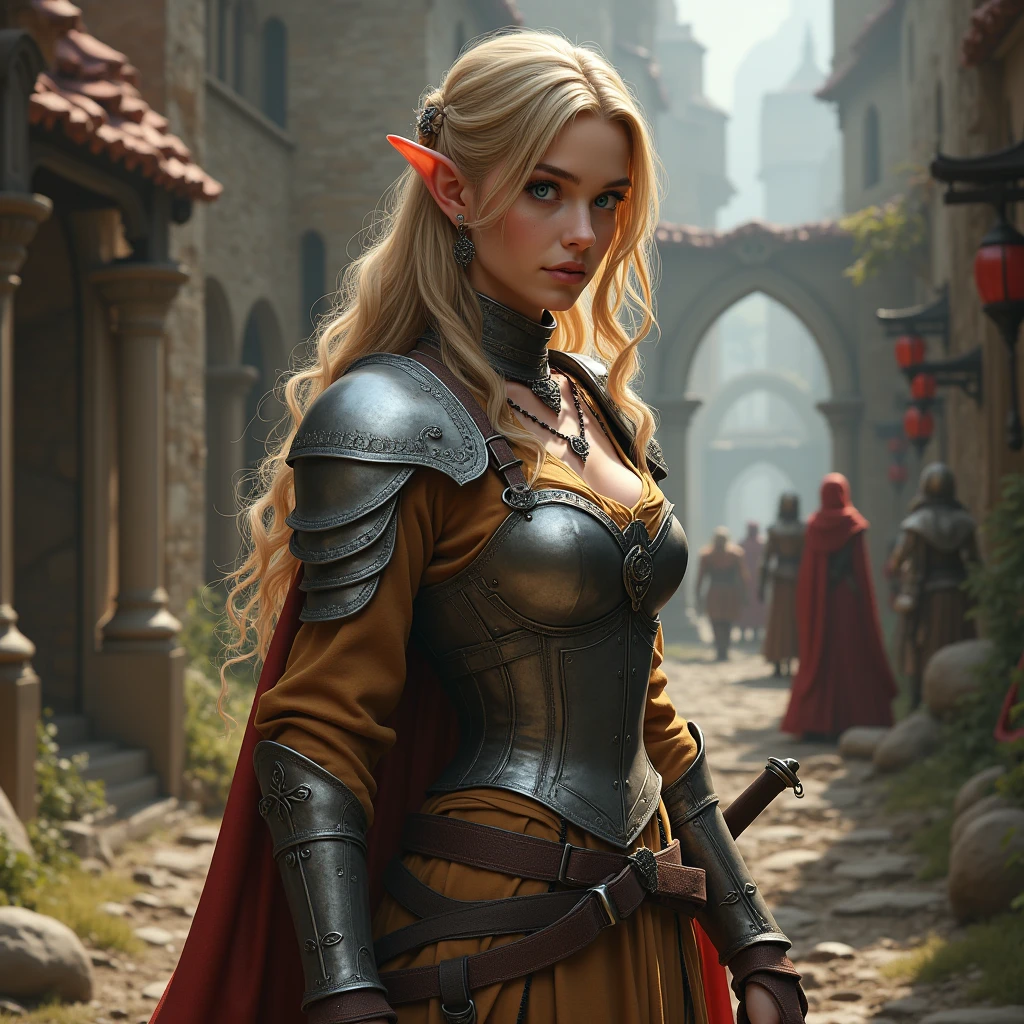 ((masterpiece, highest quality, Highest image quality, High resolution, photorealistic, Raw photo, 8K)), ((Extremely detailed CG unified 8k wallpaper)), (huge stunning goddess shot, very hot and sexy, jaw-dropping beauty, perfect proportions, beautiful body, slim body beauty:1.4), arafed woman in armor holding a sword and shield, portrait of a barbarian female, north female warrior, a very beautiful berserker woman, north adult female warrior, female barbarian, female warrior, portrait of a barbarian woman, barbarian warrior woman, very beautiful female barbarian, barbarian class, portrait of a woman warrior, rpg portrait concept art, (beautiful warrior, holding short sword and small shield, Wearing a red scarf, leather armor), (blonde hair, blue eyes, dark skin), (amphitheatre, Fighting while being watched by the crowd, motion blur), movie poster, large "INFINITY" written at bottom of screen,