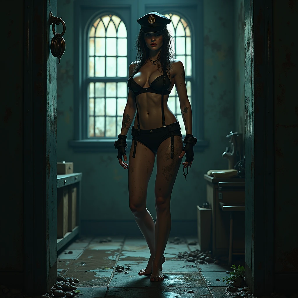 cinematic film still Pitch black room with no lights, golden ratio face, golden ratio body, blonde straight hair, medium saggy natural breasts, hard nipples, thigh gap, left arm is cybernetic, naked close up, gun in hand, candle lit scene, extreme contrast, chiaroscuro, masterpiece, style by nty,mad-sincity, 1940s, noir ,highly detailed skin,vellus, shallow depth of field, vignette, highly detailed, high budget Hollywood film, cinemascope, moody, epic, gorgeous,