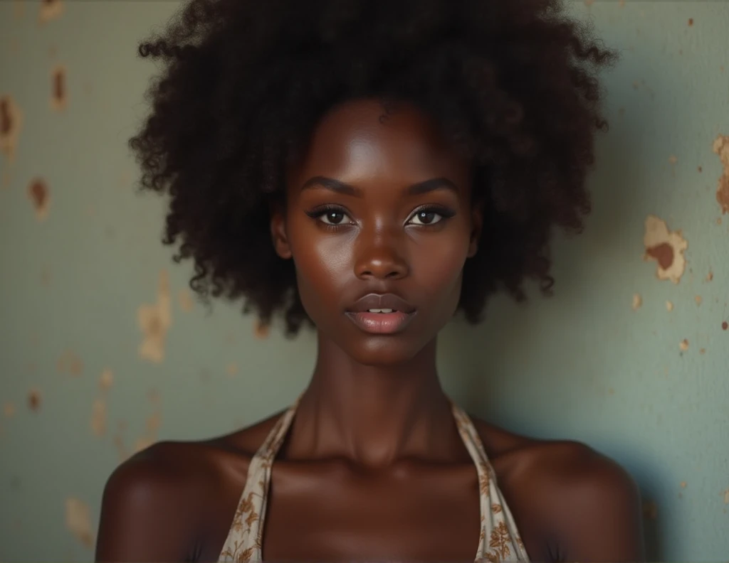 there is a naked black African woman with a very large afro standing in the desert, with afro, curly afro, red afro, afro hair, natural hair, big afro, big red afro, long afro hair, afro, intense sunlight, with the sun shining on it, giant afro!, vibrant hues, light skinned african young girl, in style of jean-baptist Monge, mark ryden --auto