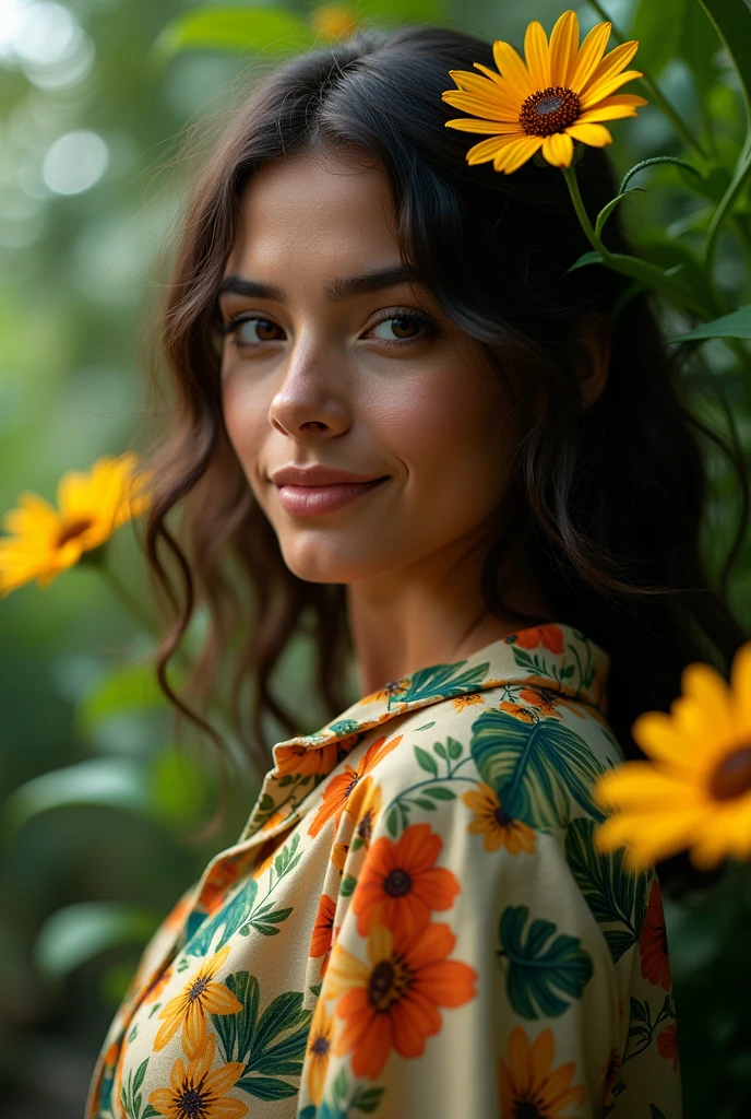 A Brazilian woman in a lush tropical garden, wearing an open shirt with a floral print, with a close-up capturing the harmonious beauty between her breasts and the natural flowers, showing off your natural charm and outgoing personality.