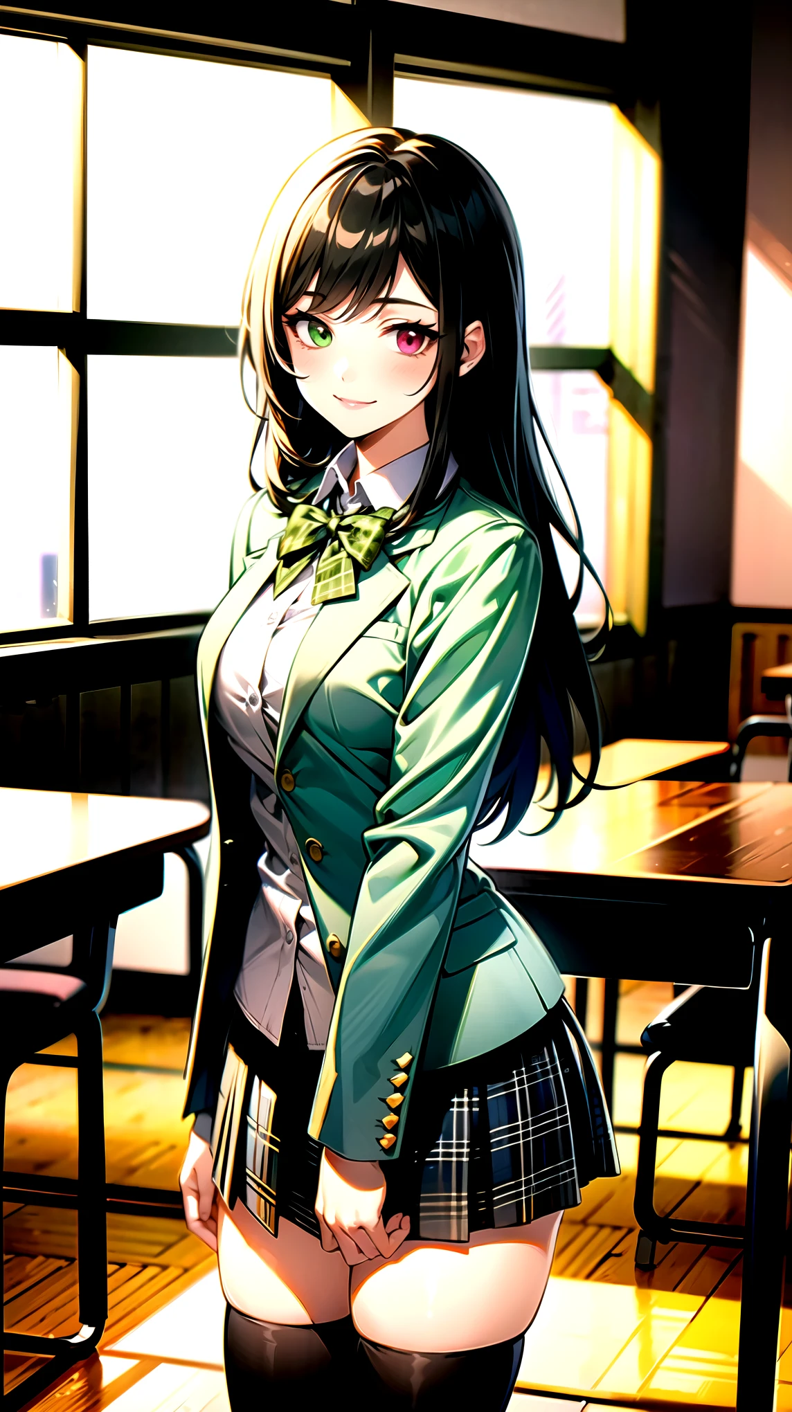 （（super high quality,））（（Ultra-high resolution,））（16K,）（super masterpiece,）（（Ultra HD ,））（Detailed shading,）One mature high school girl,Blue-green blazer,White dress shirt,The second button is open,（（Yellow striped bow tie,））Brown plaid mini skirt,Black long tights,Straight black long hair,Side-swept bangs,（（Orange and green heterochromia,））Sharp Eyes,smile,A classroom illuminated by the setting sun,