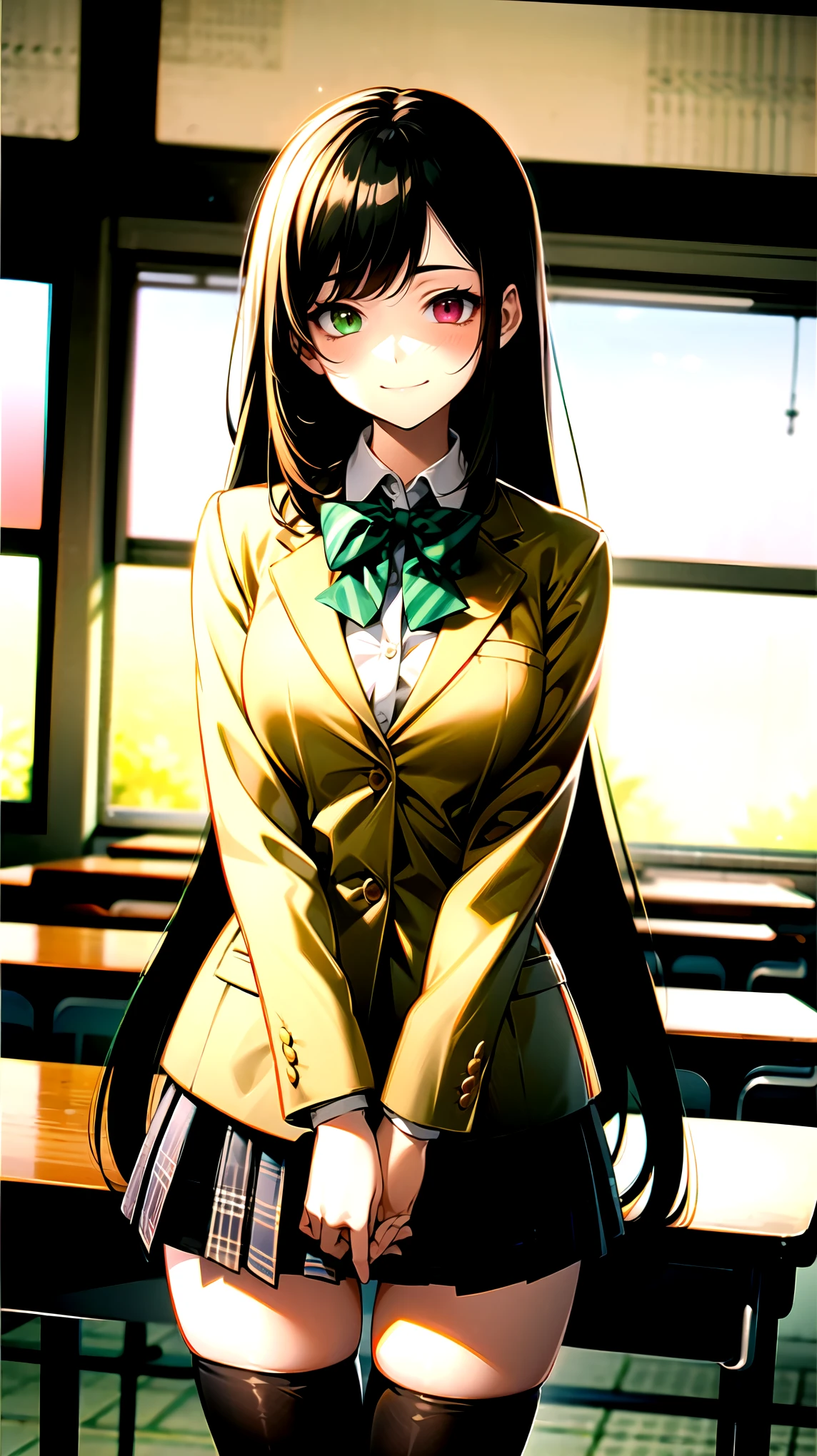 （（super high quality,））（（Ultra-high resolution,））（16K,）（super masterpiece,）（（Ultra HD ,））（Detailed shading,）One mature high school girl,Blue-green blazer,White dress shirt,The second button is open,（（Yellow striped bow tie,））Brown plaid mini skirt,Black long tights,Straight black long hair,Side-swept bangs,（（Orange and green heterochromia,））Sharp Eyes,smile,A classroom illuminated by the setting sun,