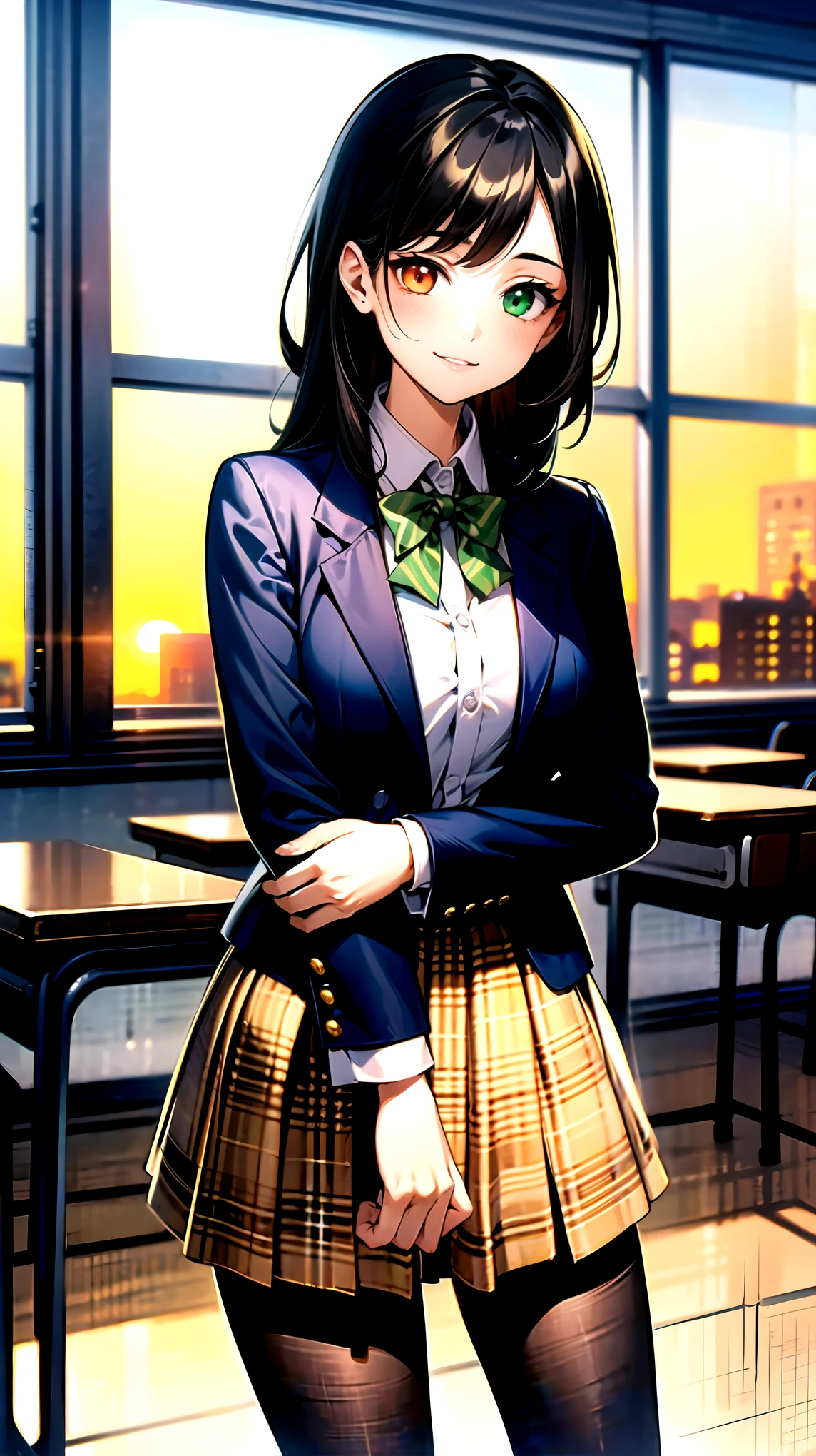 （（super high quality,））（（Ultra-high resolution,））（16K,）（super masterpiece,）（（Ultra HD ,））（Detailed shading,）One mature high school girl,Blue-green blazer,White dress shirt,The second button is open,（（Yellow striped bow tie,））Brown plaid mini skirt,Black long tights,Straight black long hair,Side-swept bangs,（（Orange and green heterochromia,））Sharp Eyes,smile,A classroom illuminated by the setting sun,