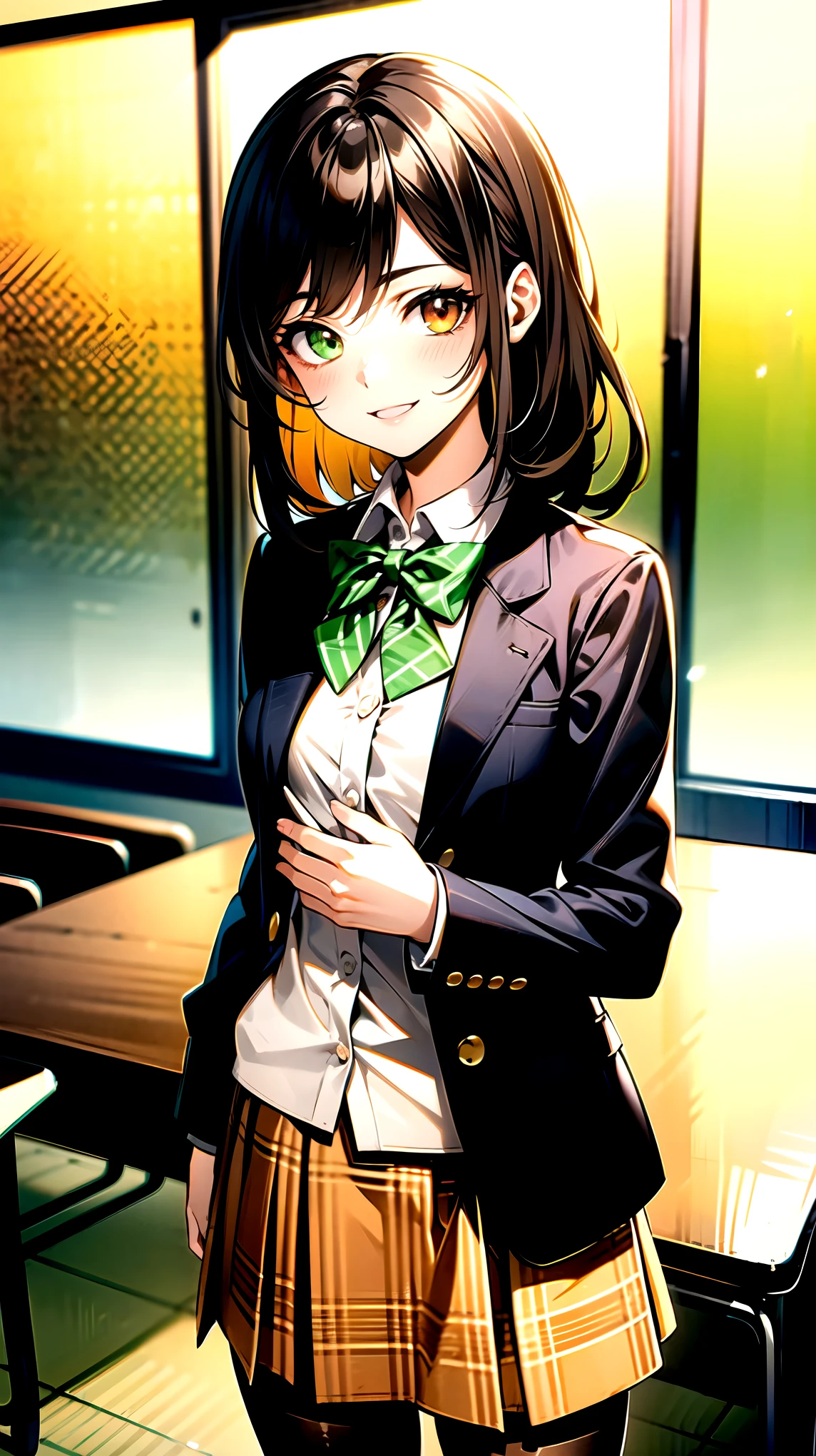 （（super high quality,））（（Ultra-high resolution,））（16K,）（super masterpiece,）（（Ultra HD ,））（Detailed shading,）One mature high school girl,Blue-green blazer,White dress shirt,The second button is open,（（Yellow striped bow tie,））Brown plaid mini skirt,Black long tights,Straight black long hair,Side-swept bangs,（（Orange and green heterochromia,））Sharp Eyes,smile,A classroom illuminated by the setting sun,