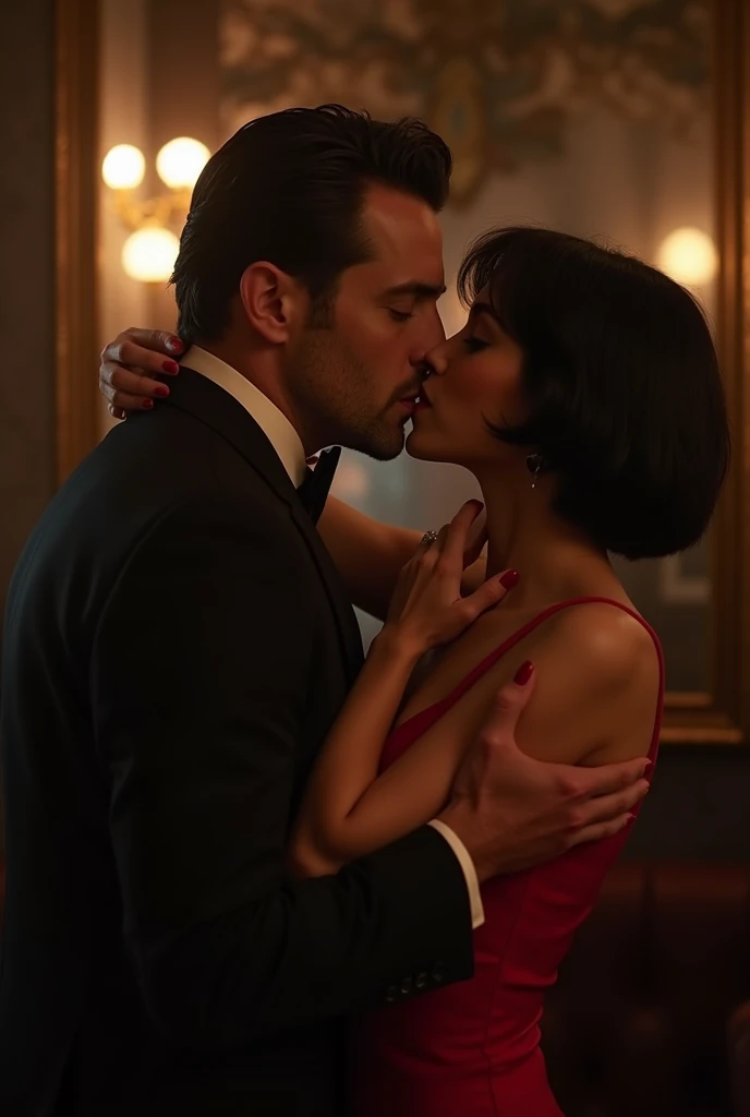 Cena hot, woman having sex with a seductive man in a black suit. She is handcuffed with her short messy black hair