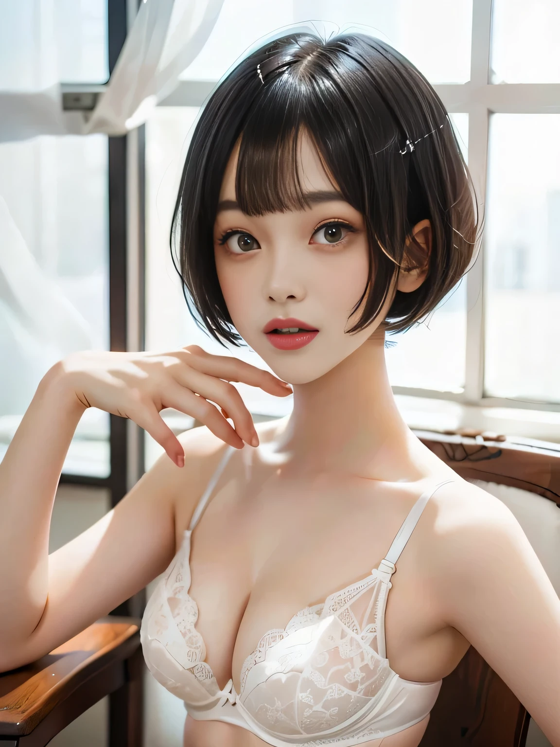 {{{No Dress}}},{Negative Space:Excellent},{{{Head Excellent}}}, {{{Written boundary depth}}},{Blur the background}}},,{{{{A black-haired girl is sitting on a chair:White bra:see-through}}}}, {short hair}, {}, {,Hime cut Hair}, {Bobcut Hair}, {Hime cut}, , {{Hime cut Hair, Short black hair}}}, {{{short hair, {{bangs}}, Bobcut,,{{{Simple Background:1.6}}},{{{Blur the background:1.8}}}
