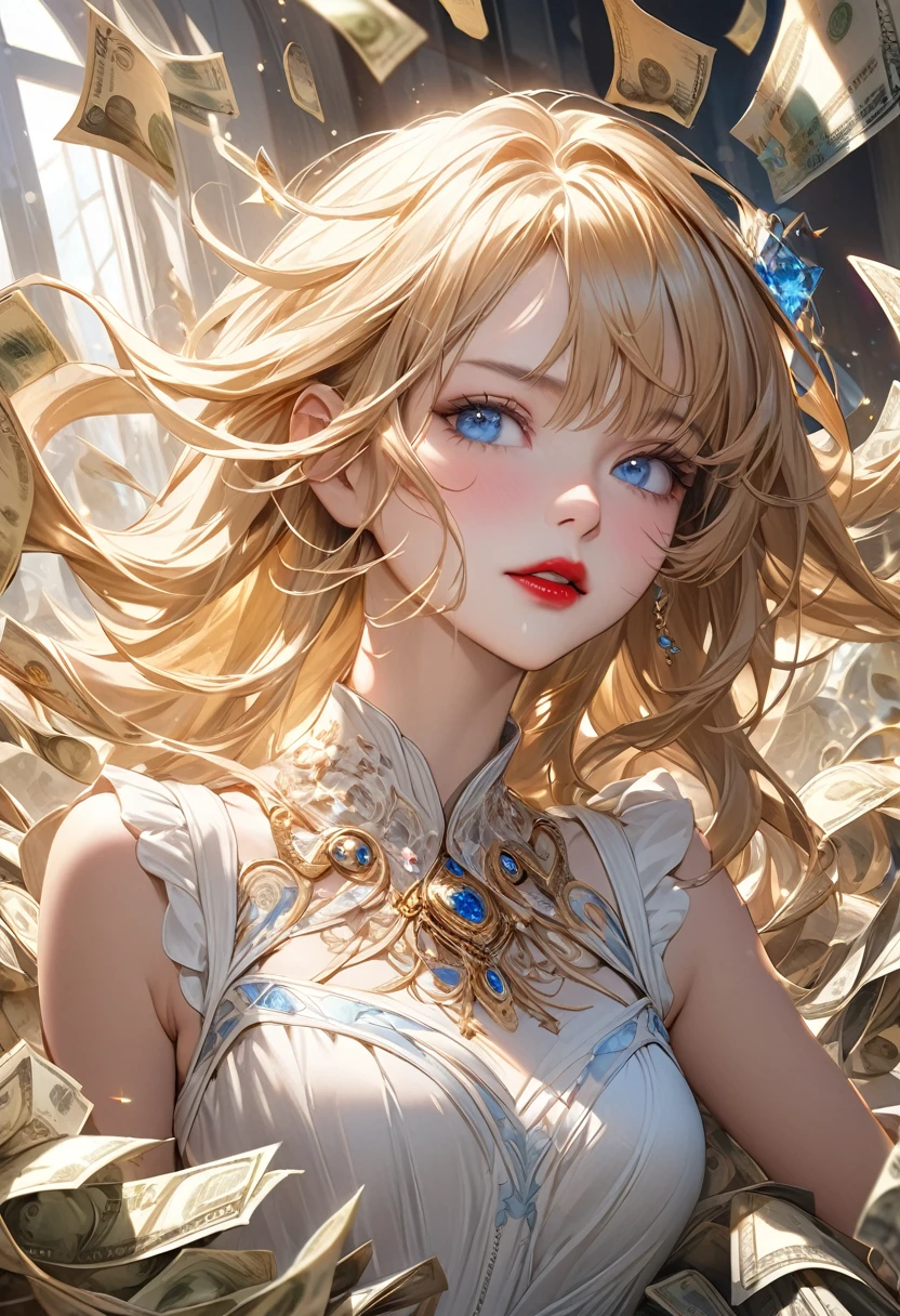 (portrait, face focus:1.3),kLabyrinth,(too many chain:1.3), bondage,1girl,solo,pretty face,(1girl, looking at viewer:1.4),(beautiful face, frown, skinny, thin, medium breasts:1.2), waivy hair, messy hair, (windy hair:1.3),,glowing eyes, (blonde hair:1.1), (long hair:1.2), (blue eyes), (white dress, long dress, victorian dress:1.3),(wearing slave collar, chained:1.3)
