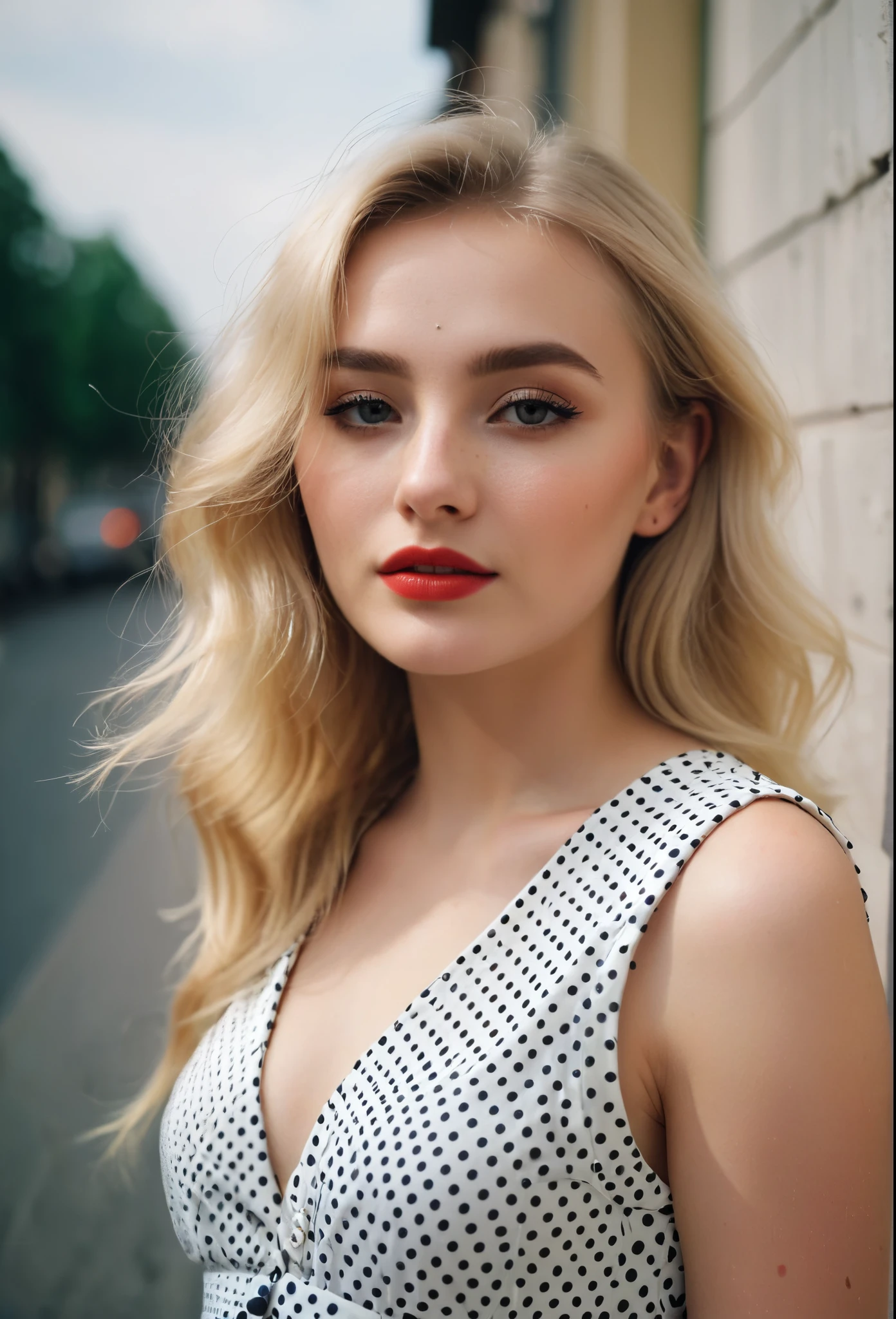 fashion photography of 23 y.o blonde woman, beautiful makeup, wearing dot dress, 35mm, Anastasia Ovchinnikova