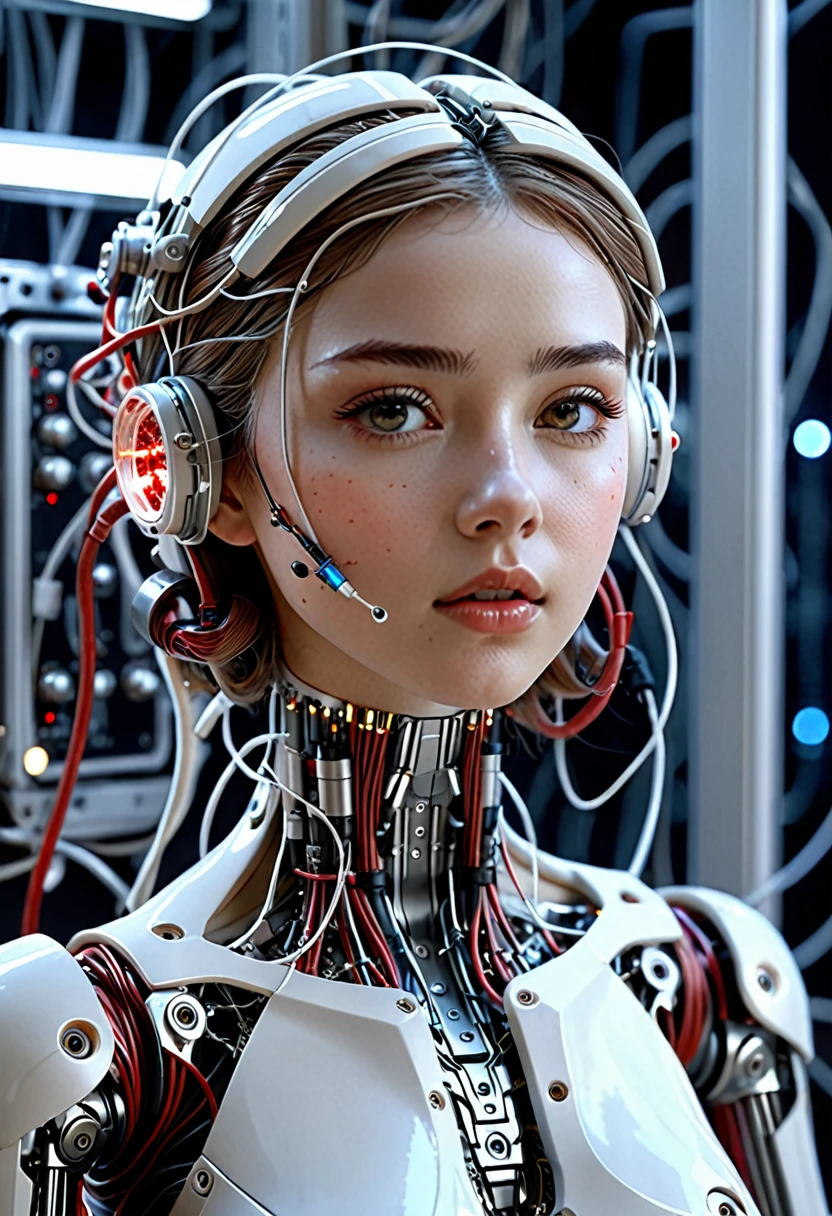 (((masterpiece))), (((Highest quality))), ((Very detailed)), (Highly detailed CG illustrations), ((Very delicate and beautiful)),(Cute delicate face),Cinematic Light,((1. Machine Girl)),alone,whole body,(Machine made joints:1.4),((Mechanical limbs)),(Blood vessels connected to tubes),((Mechanical vertebrae attached to the back)),((Cervical vertebrae mechanically attached to the neck)),((Sitting)),Expressionless,(Wires and cables connecting the head and body:1.5),(Character Focus),sf