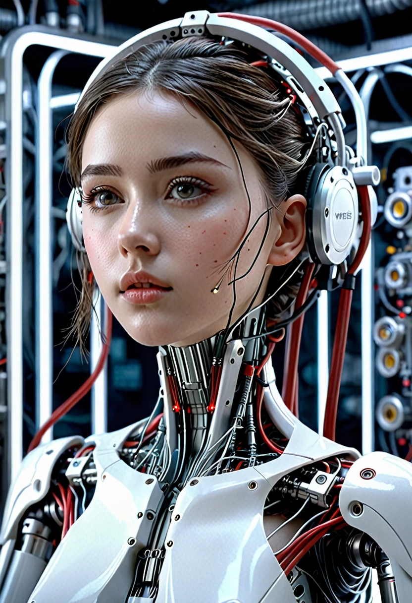 (((masterpiece))), (((Highest quality))), ((Very detailed)), (Highly detailed CG illustrations), ((Very delicate and beautiful)),(Cute delicate face),Cinematic Light,((1. Machine Girl)),alone,whole body,(Machine made joints:1.4),((Mechanical limbs)),(Blood vessels connected to tubes),((Mechanical vertebrae attached to the back)),((Cervical vertebrae mechanically attached to the neck)),((Sitting)),Expressionless,(Wires and cables connecting the head and body:1.5),(Character Focus),sf