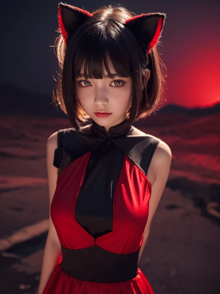 Delicate and dainty young woman with shiny bob-cut black hair and cat ears. She is wearing red only symple dress with mini-skirt. The background is a fantastic and ethereal night sky that seems to be haunted by a specter. Her expression is stern and atmospheric. 