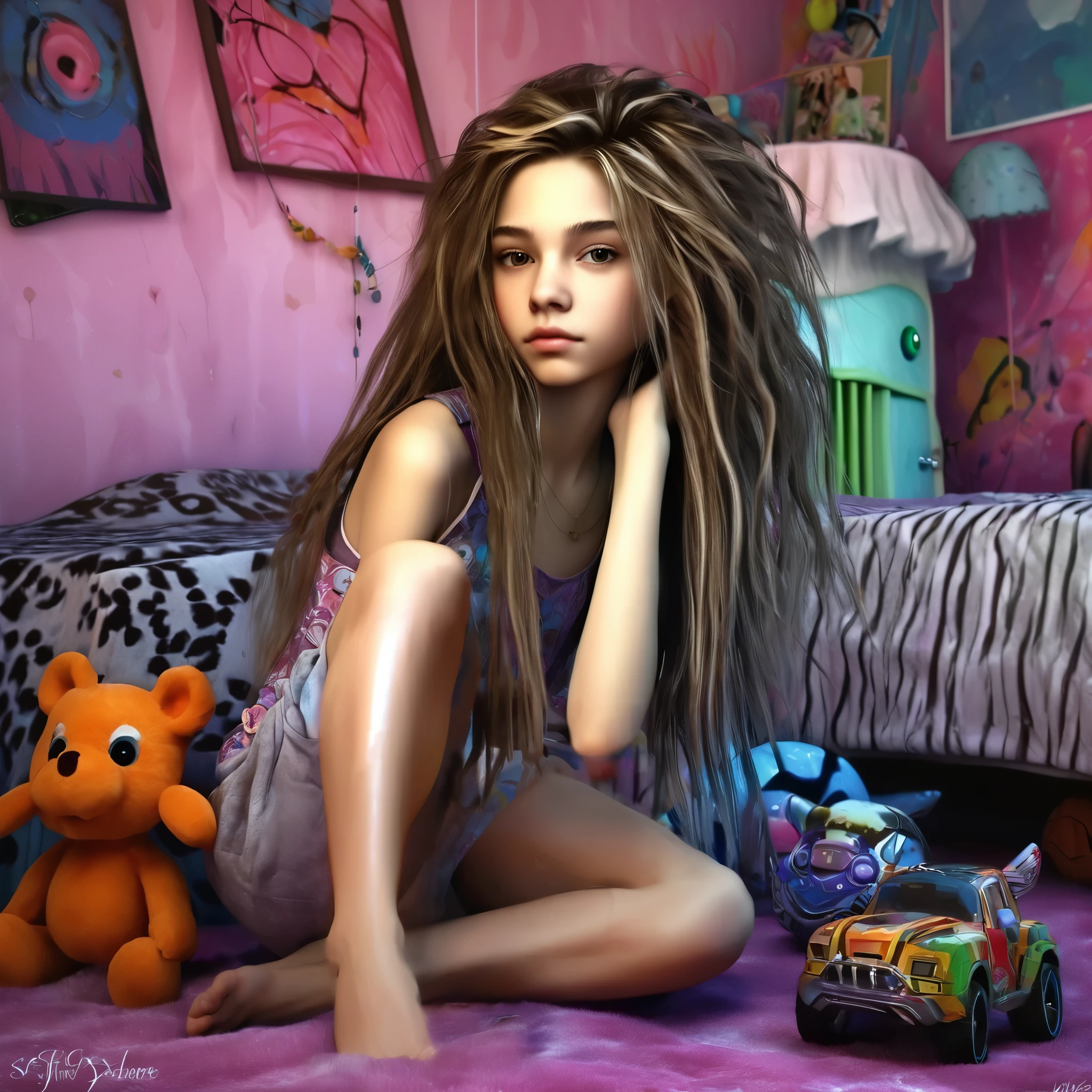 13 yo girl in her bedroom, with big toys ,skinny, slim, strange, Gentle, hair decoration , very detailed realistic texture, digital painting, very detailed photo