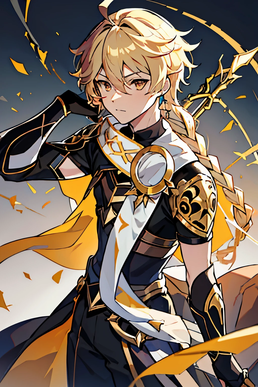 1boy,aether_(genshin_impact),ahoge,alternate_costume,arm_armor,armor,blonde_hair,braid,brown_eyes,brown_gloves,brown_pants,brown_shirt,cape,closed_mouth,earrings,english_commentary,genshin_impact,gloves,gold_trim,gradient_background,grey_background,hair_between_eyes,half-closed_eyes,highres,holding,holding_sword,holding_weapon,jewelry,lightning,long_hair,looking_at_viewer,low-braided_long_hair,low-tied_long_hair,male_focus,pants,rorokonaa,shirt,short_sleeves,shoulder_armor,simple_background,solo,standing,star_(symbol),star_earrings,sword,two-tone_pants,two-tone_shirt,weapon, best quality, masterpiece, nai3