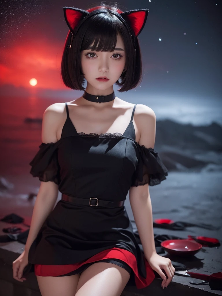 Delicate and dainty young woman with shiny bob-cut black hair and cat ears. She is wearing red only  mini-skirt one-piece dress. The background is a fantastic and ethereal night sky that seems to be haunted by a specter. Her expression is stern and atmospheric. Angle from directly below, 16 years old
